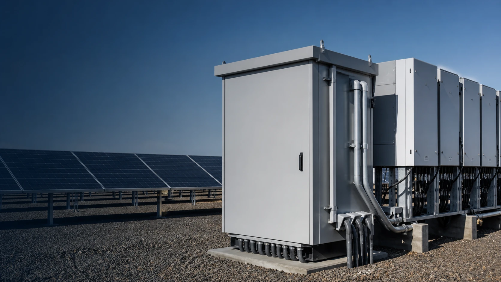 Unbranded AC combiner enclosure installed beside a solar PV array