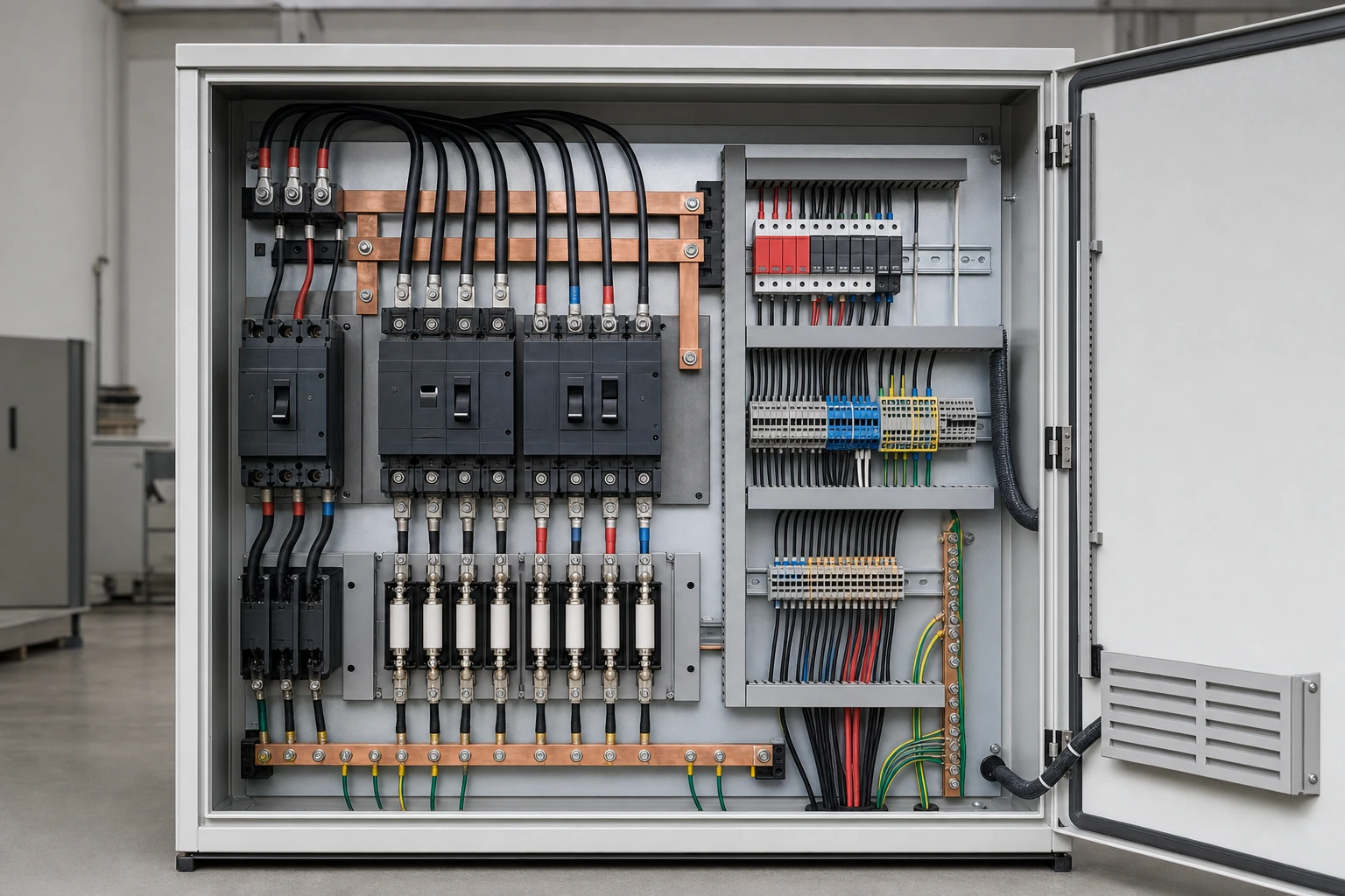 Unbranded AC combiner cabinet interior with breakers, copper busbar and surge protection