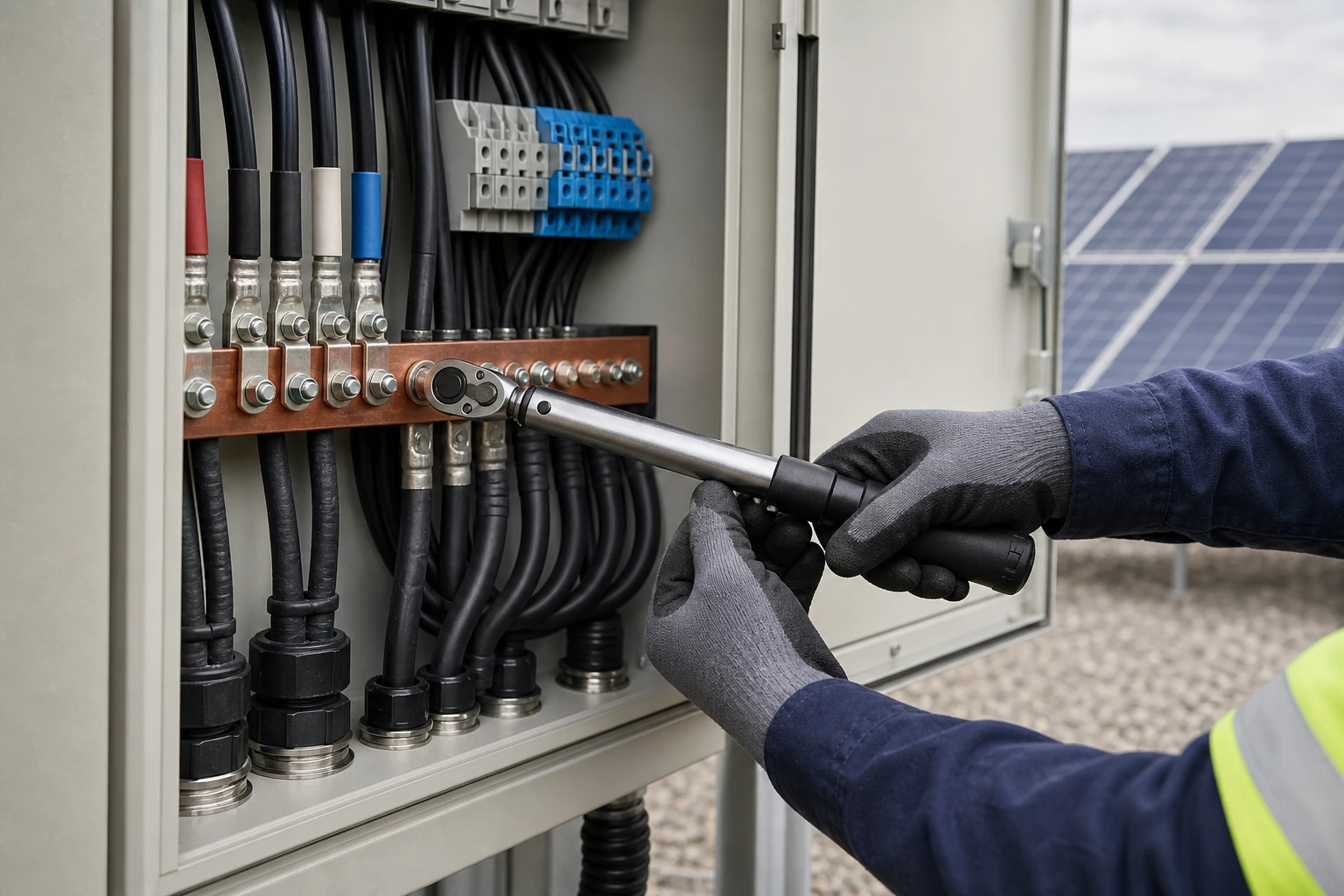 Unbranded AC combiner cabinet wiring and cable-gland inspection scene