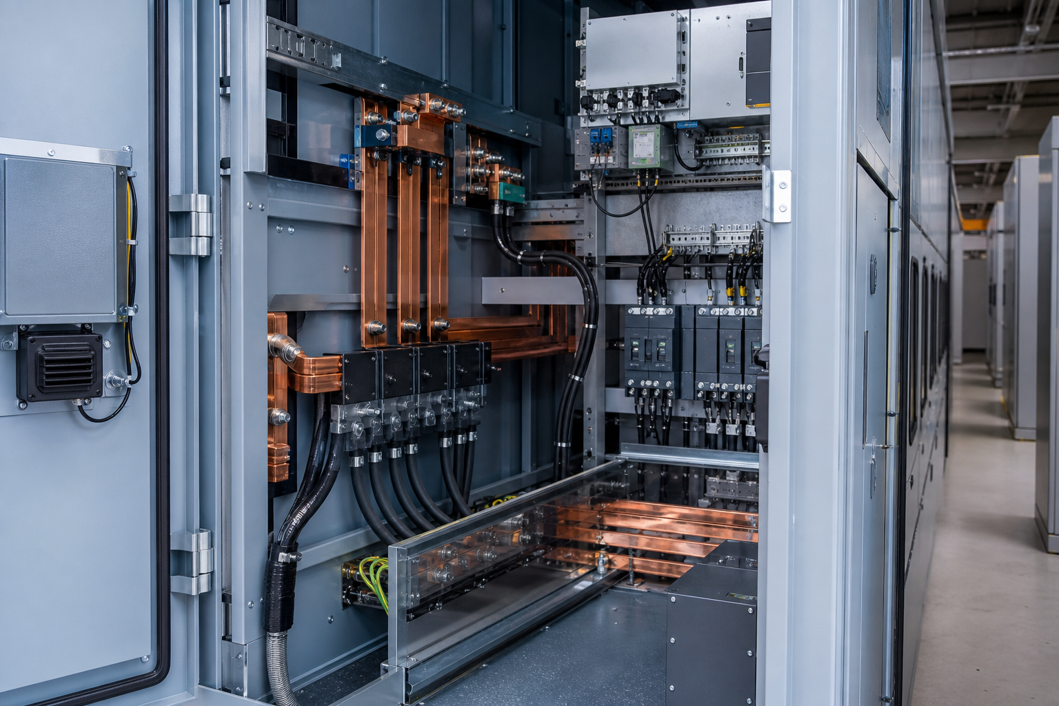 Prefabricated substation interior with organized busbars and control wiring