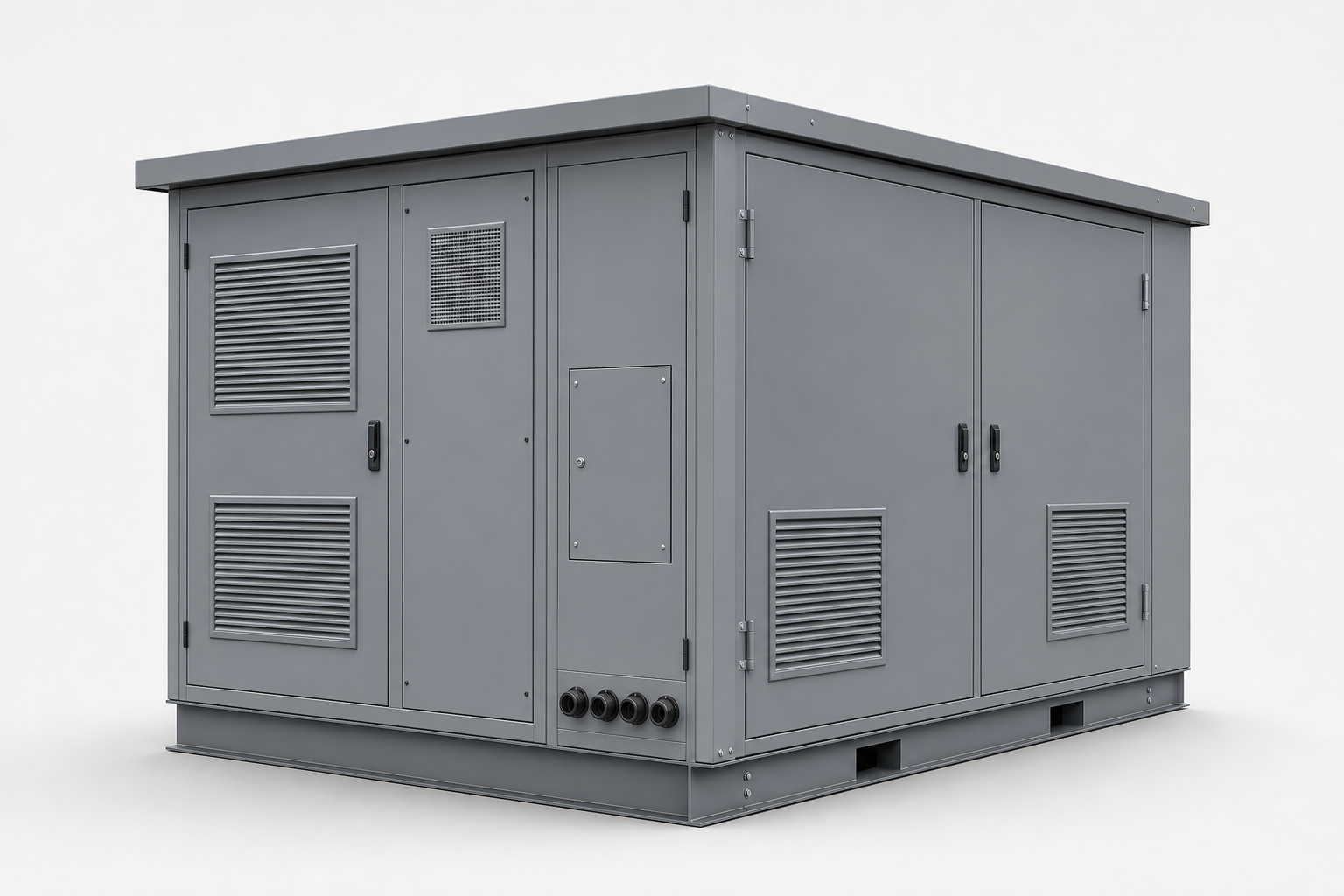 Grey prefabricated substation enclosure in a clean product view