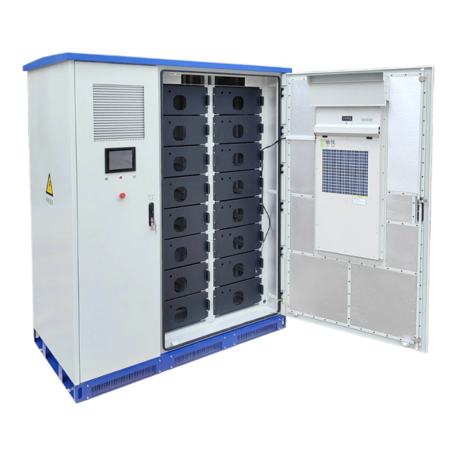 Energy storage control cabinet with doors open