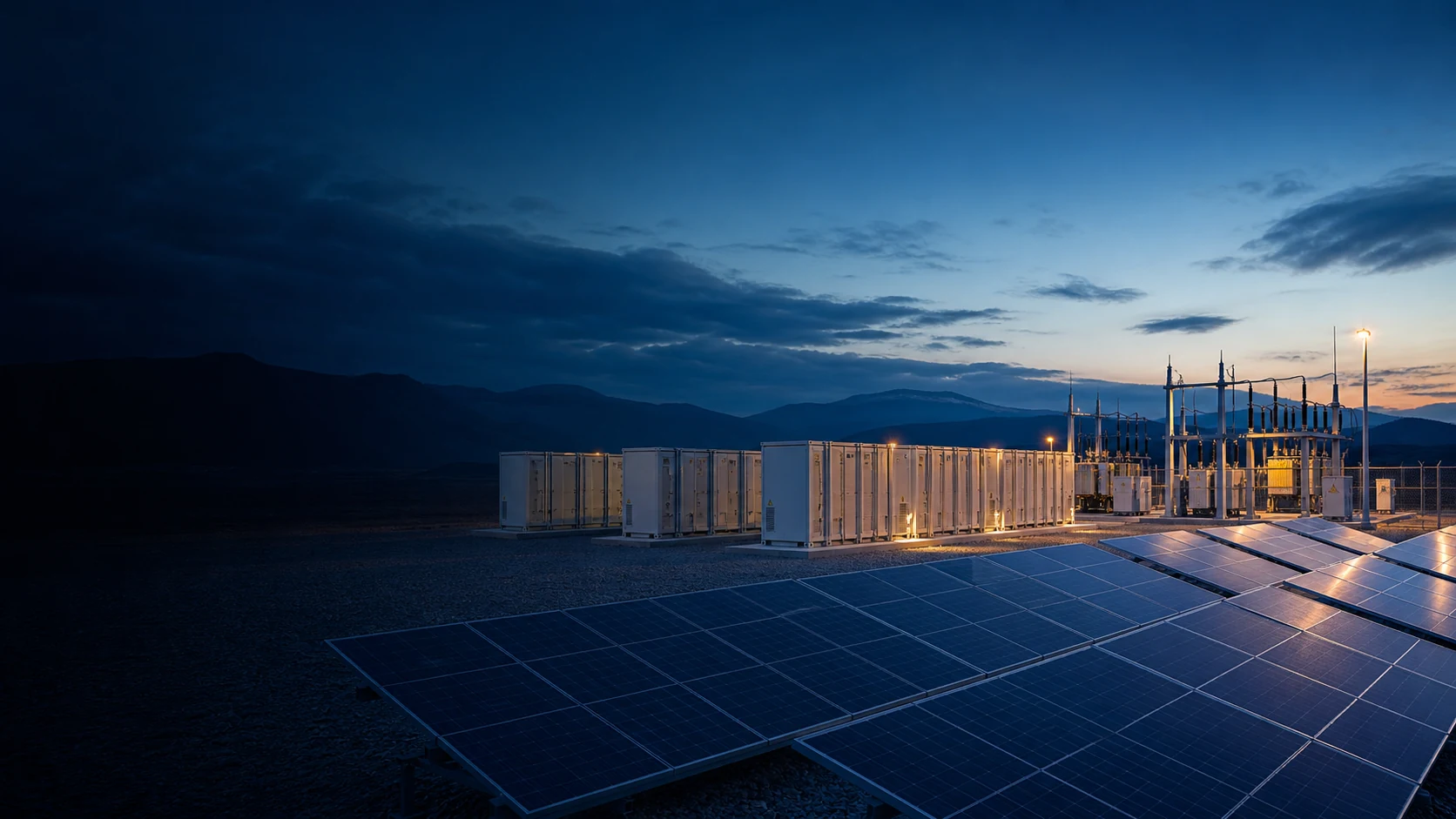 Solar farm, battery energy storage and electrical substation at dusk