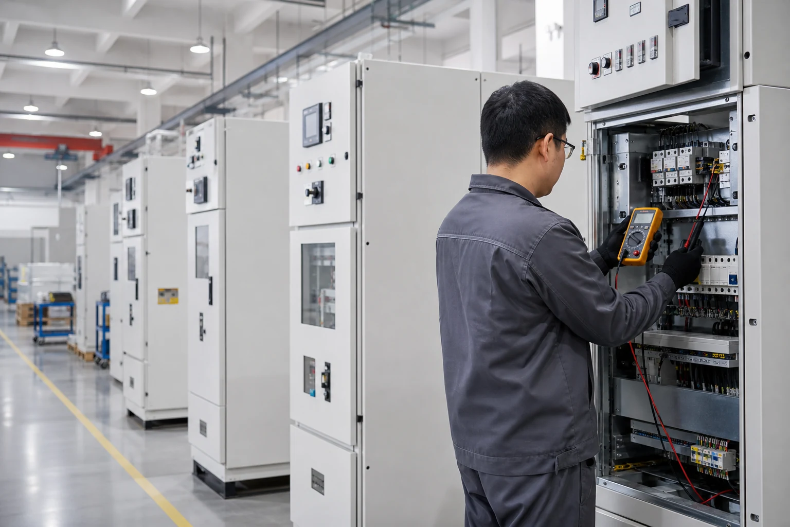 Engineer inspecting an electrical cabinet in an organized manufacturing workshop
