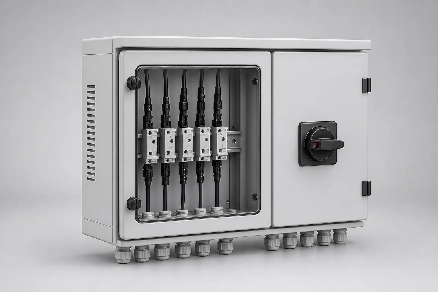 Unbranded photovoltaic DC combiner box with string fuses and disconnect