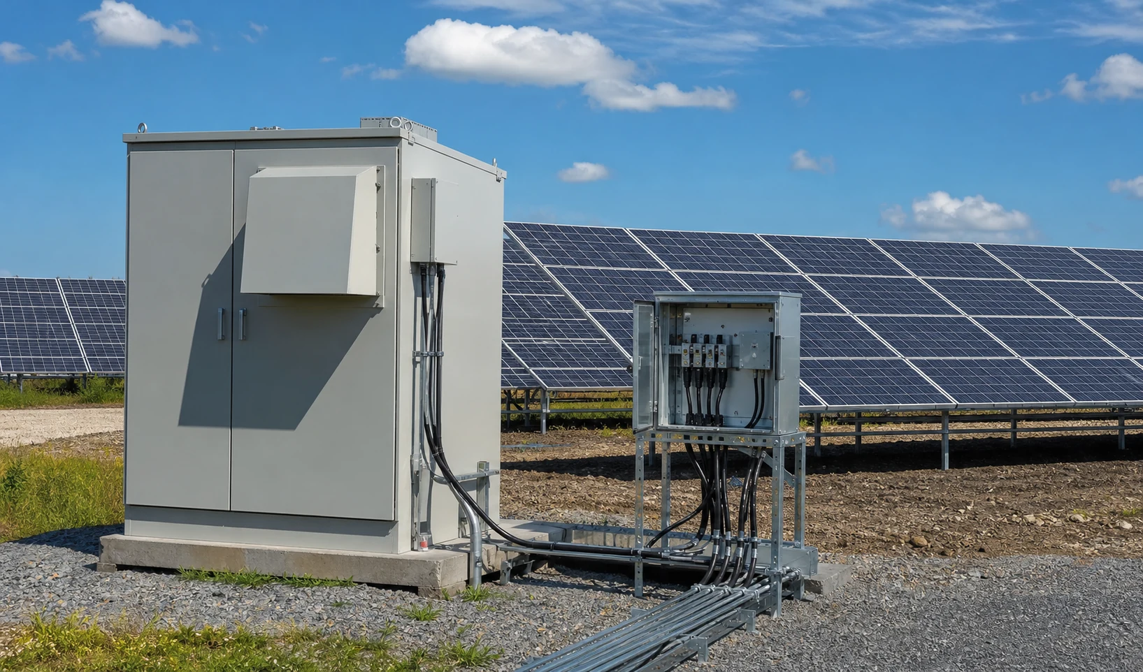 Solar PV array with outdoor grid-connected cabinet and AC combiner enclosure