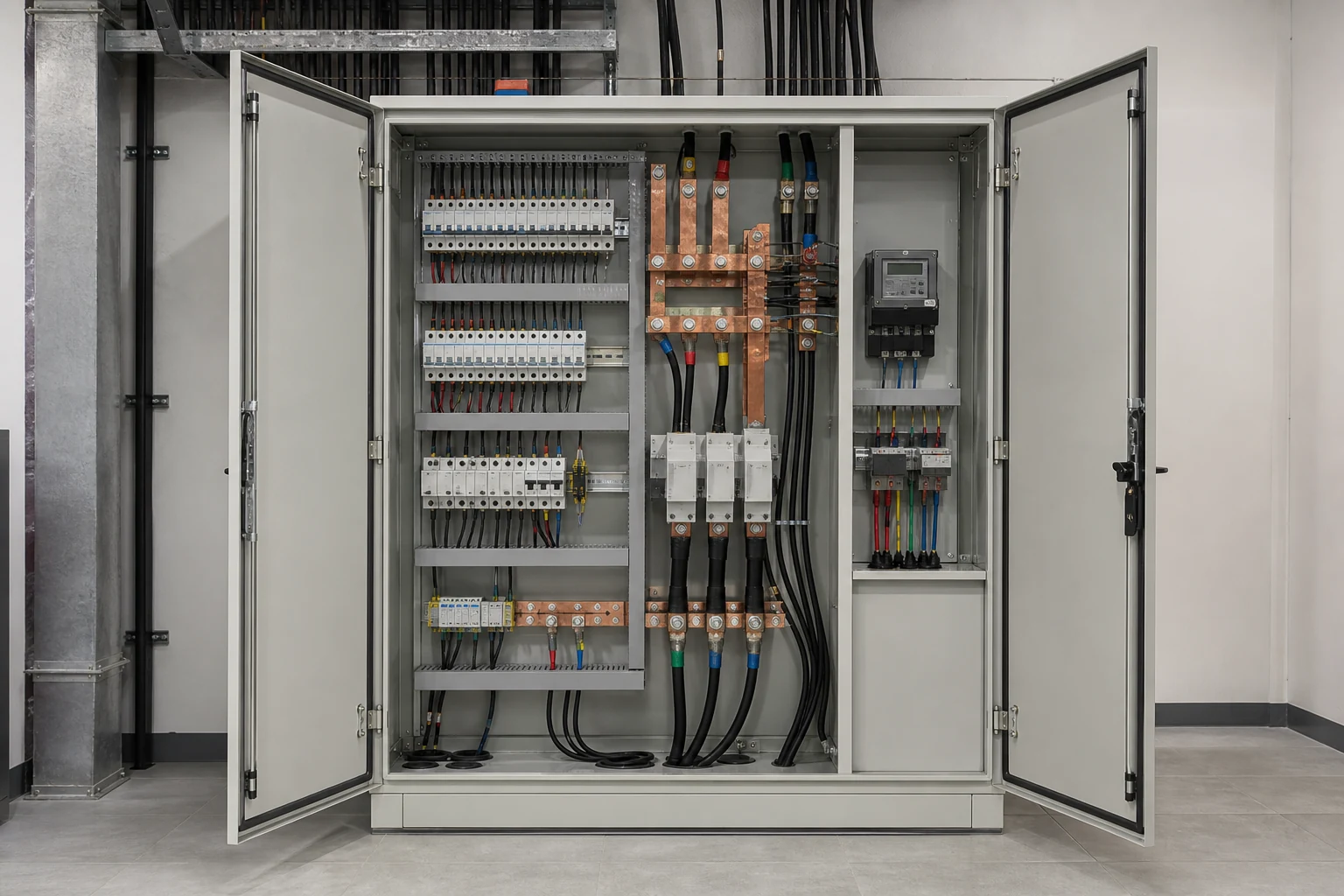 Unbranded low-voltage grid-connected cabinet with breakers, busbar and metering compartment