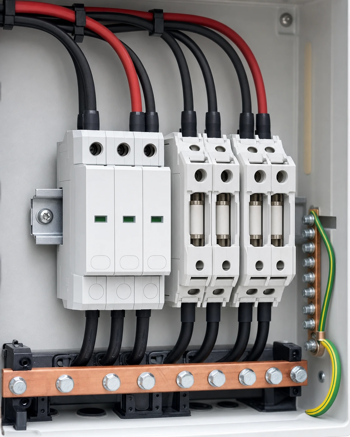 Unbranded photovoltaic DC surge protective device beside gPV fuse carriers and a copper earth bar