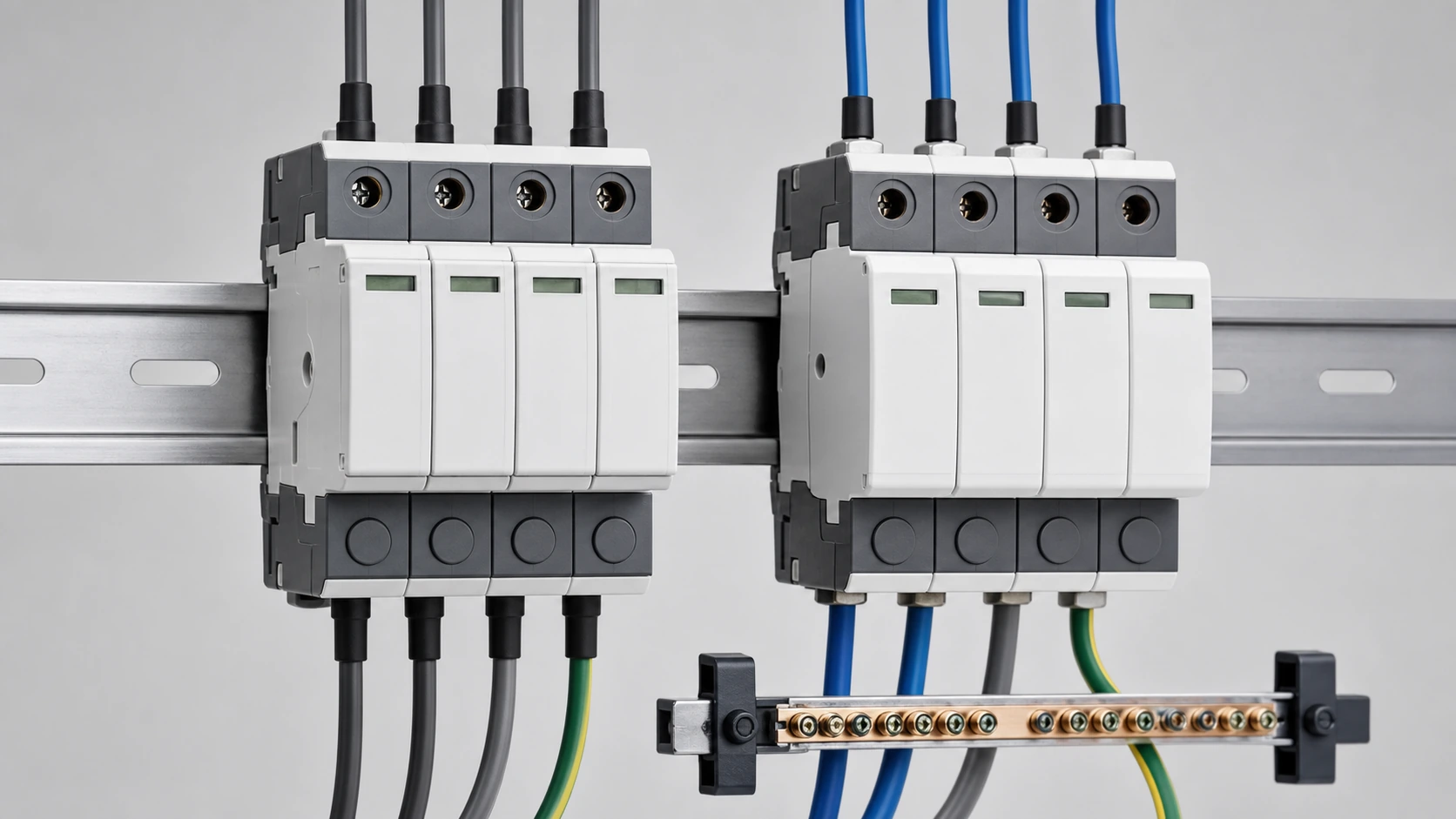 Unbranded AC and DC surge protective devices mounted side by side on a DIN rail