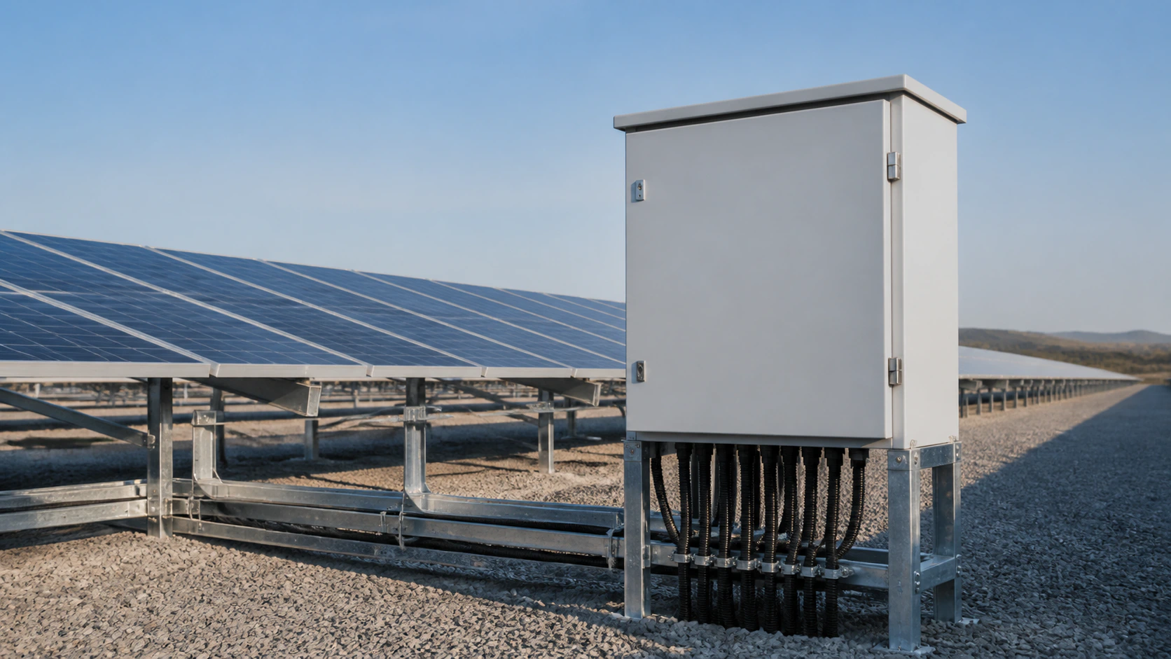 Weatherproof DC combiner enclosure with organized string cable entries beside a ground-mount solar array