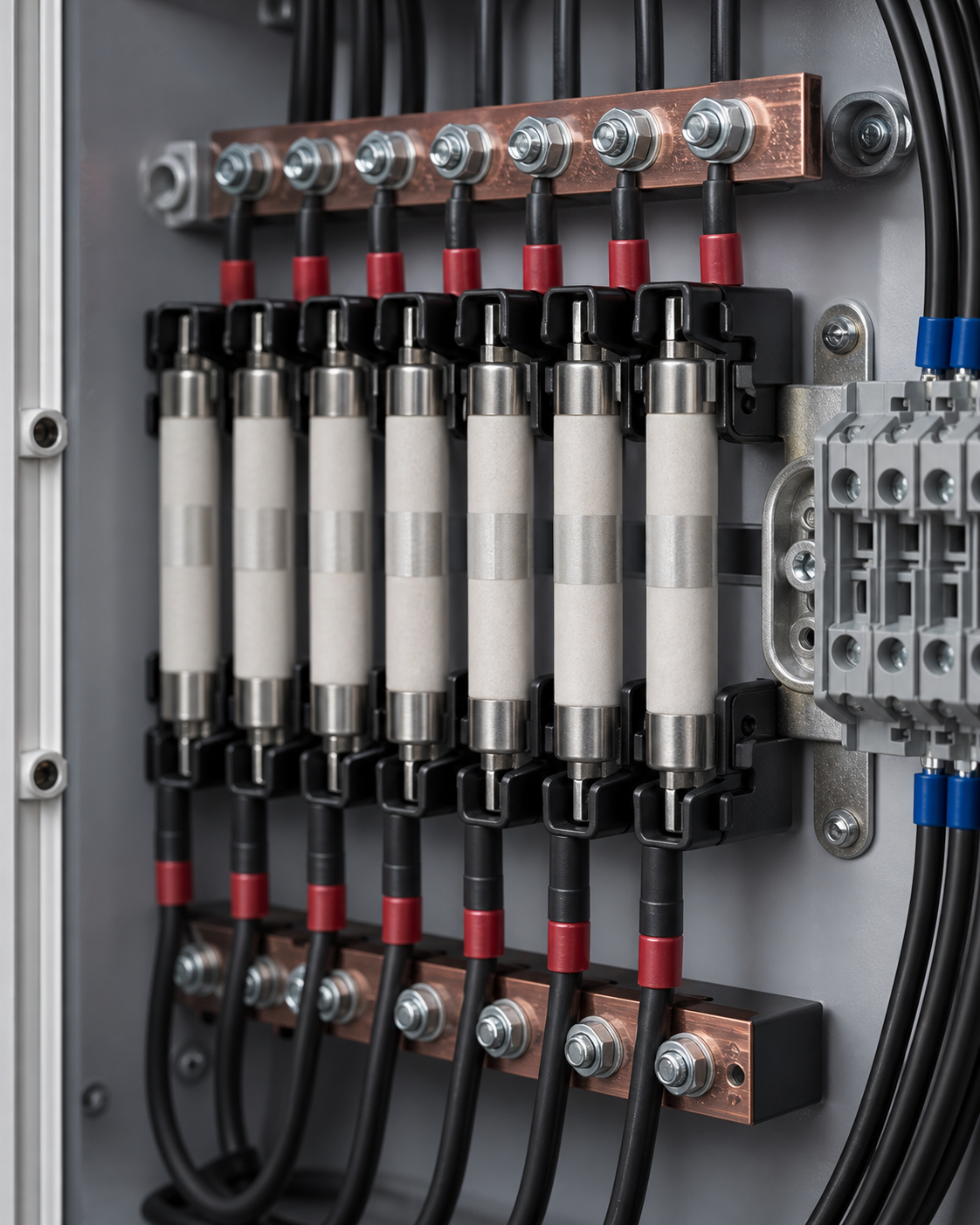 PV combiner box DC string fuse holders and copper busbar