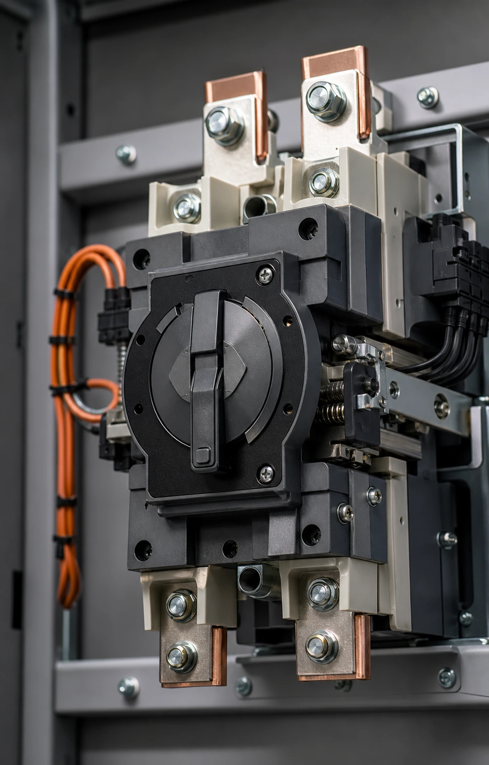 Close-up of an unbranded automatic transfer switching assembly with mechanical interlock and blank controller display