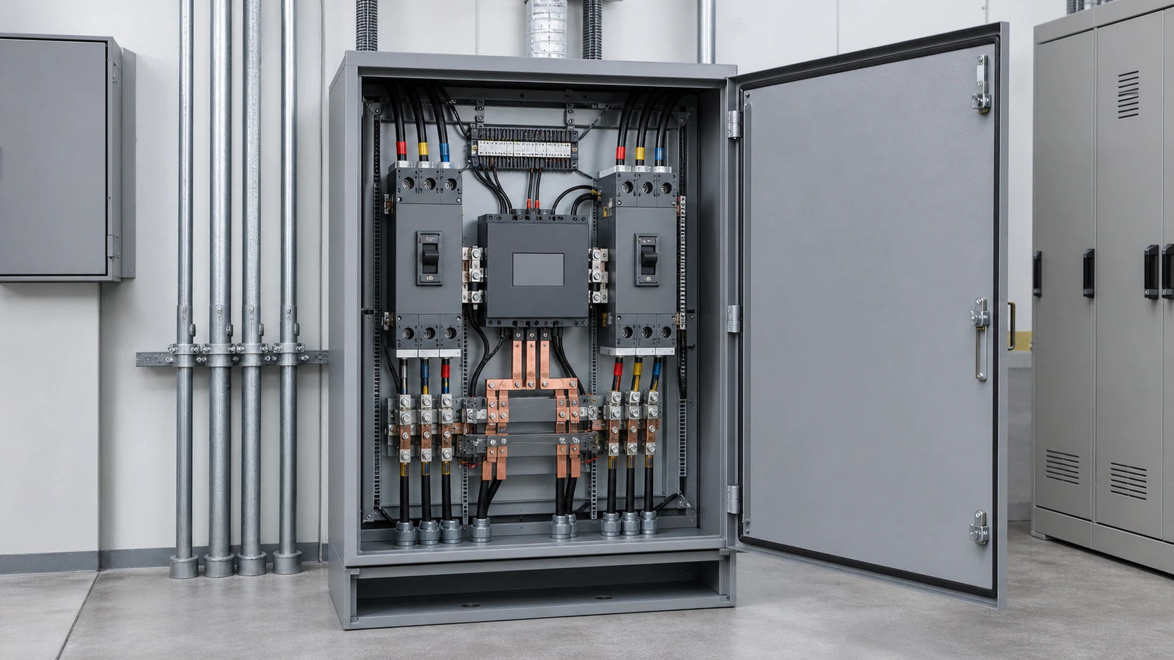 Unbranded dual-supply automatic transfer switch cabinet with two incoming feeds and a four-pole transfer assembly