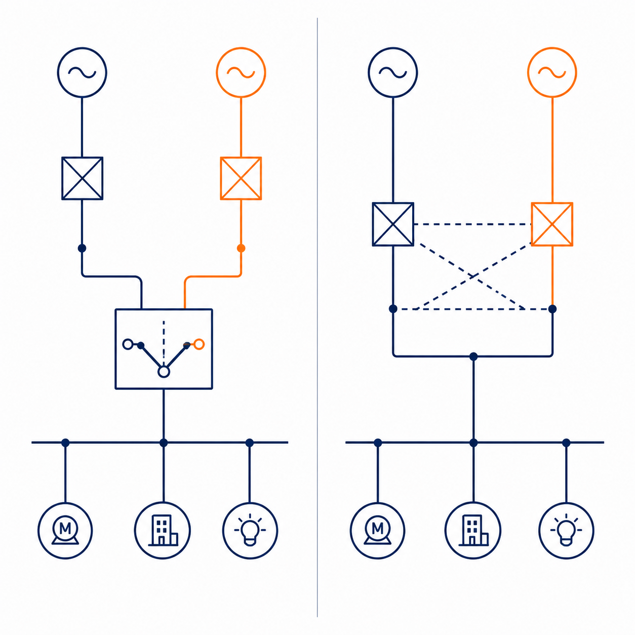 PC-level and CB-level ATS architecture comparison diagram
