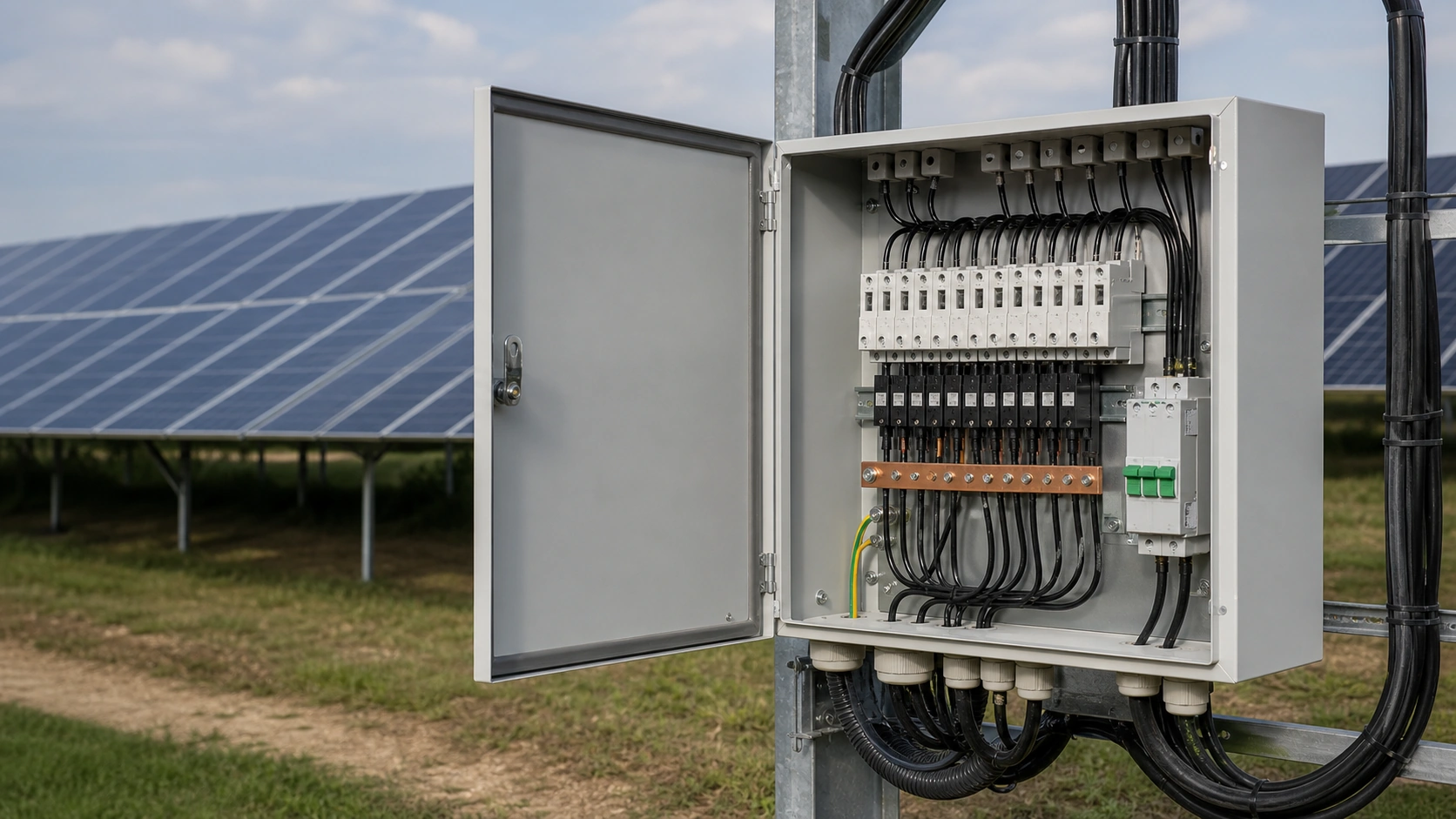 Unbranded outdoor PV DC combiner box open beside a solar array