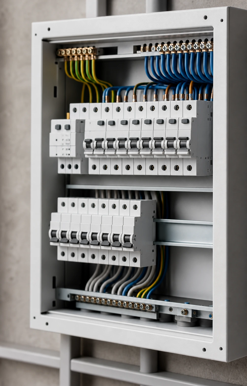 Unbranded metal home distribution enclosure showing DIN rail protection devices and separate neutral and earth terminals