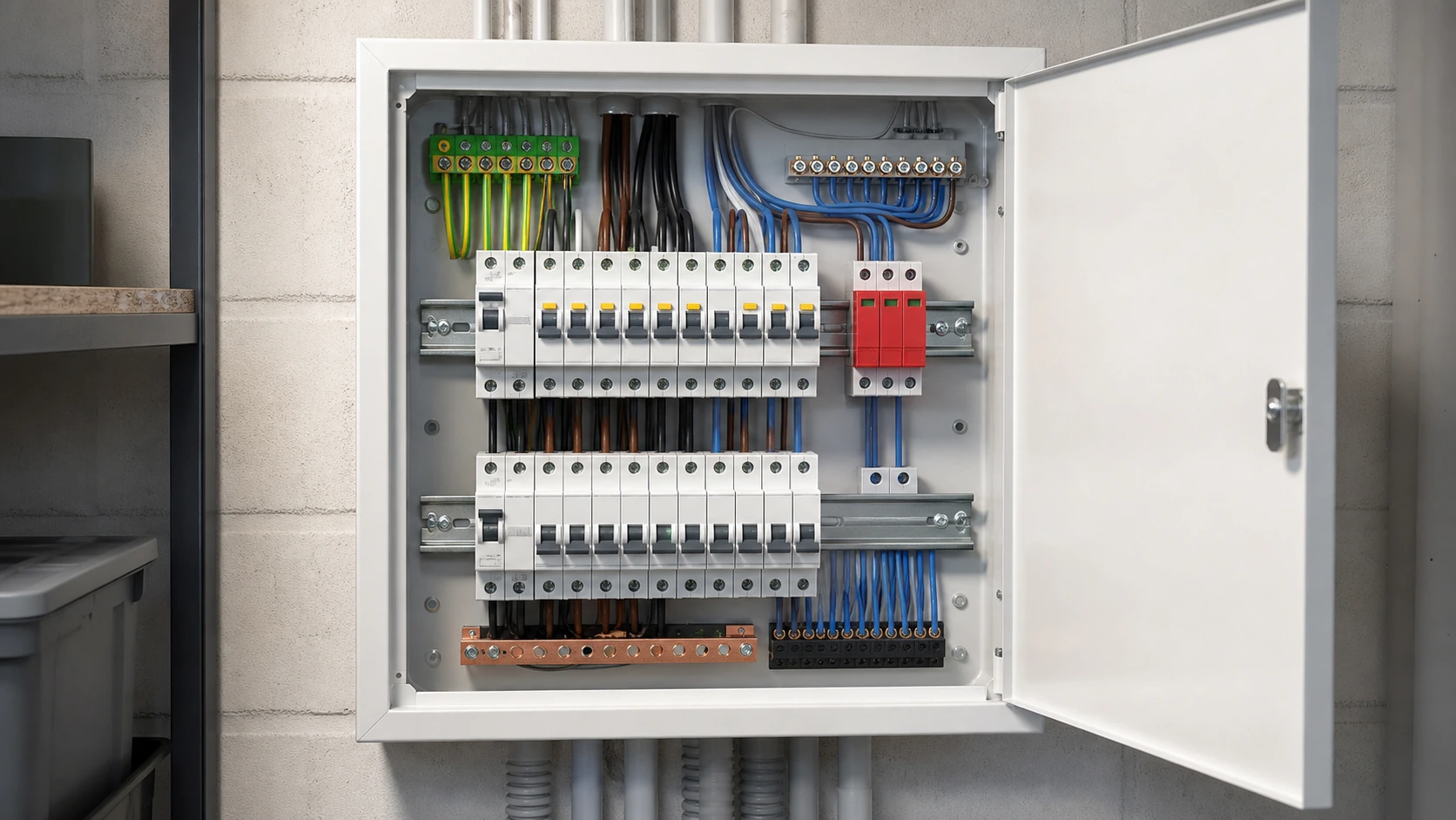 Unbranded residential distribution box with DIN-rail breakers, RCBOs, SPD and tidy cable routing