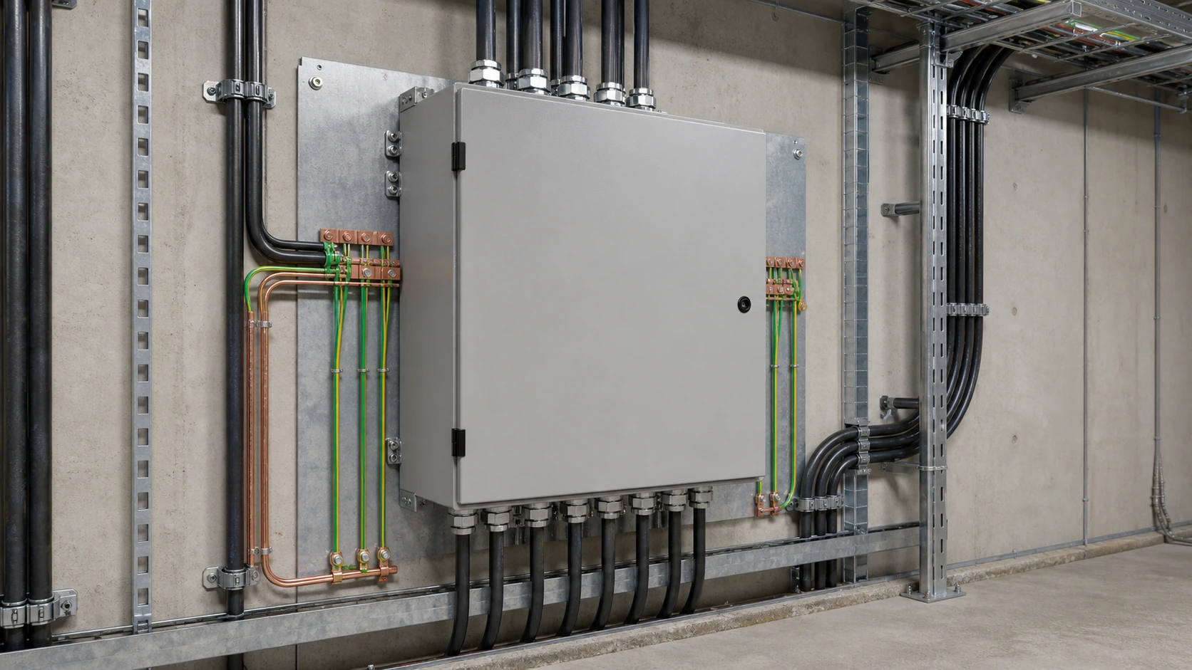 Unbranded automatic transfer switch cabinet mounted with organized conduit and earth bonding