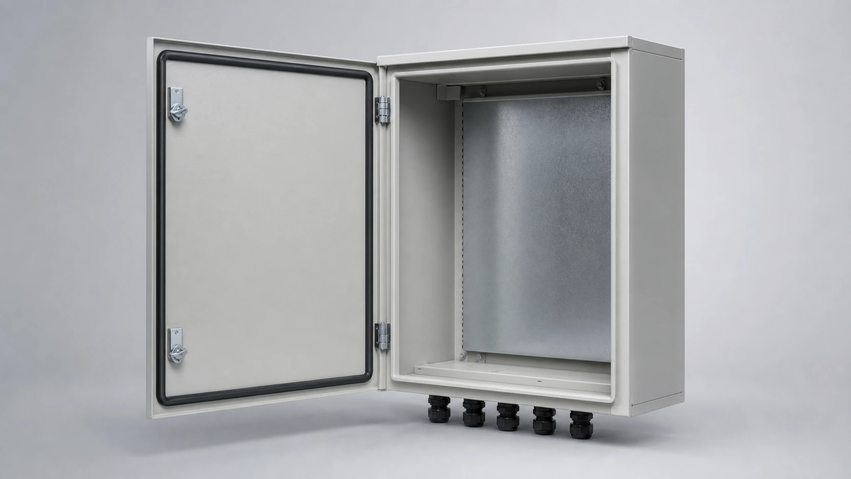 Unbranded powder-coated electrical enclosure with continuous door gasket and sealed cable glands
