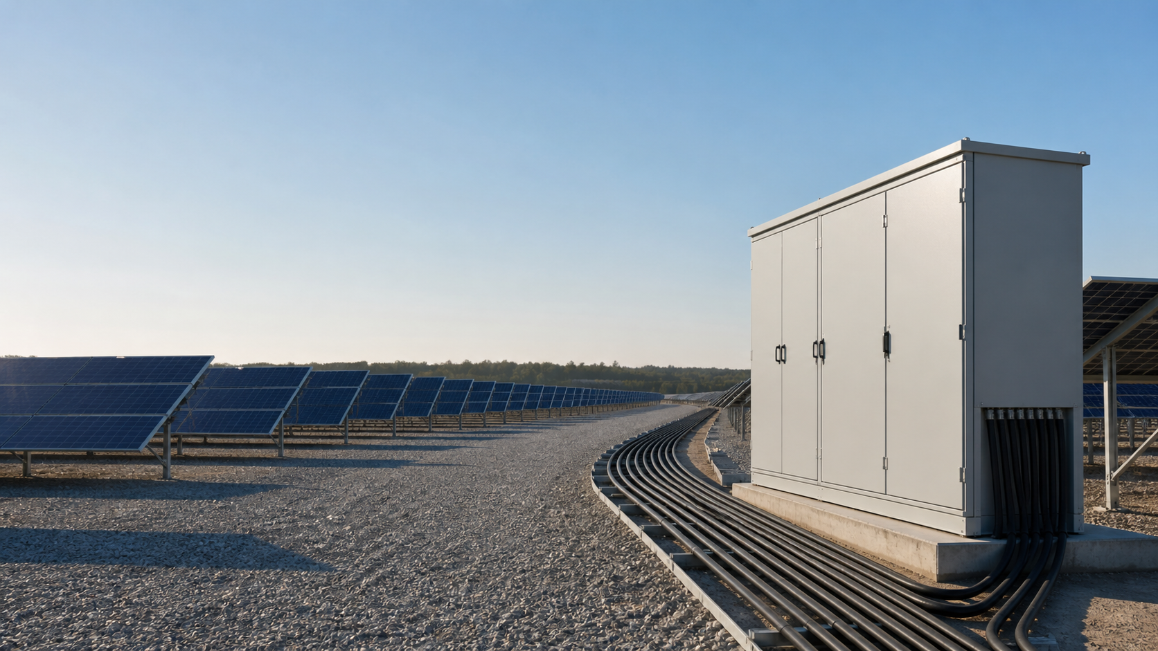 1500V DC solar balance-of-system enclosure beside a solar array