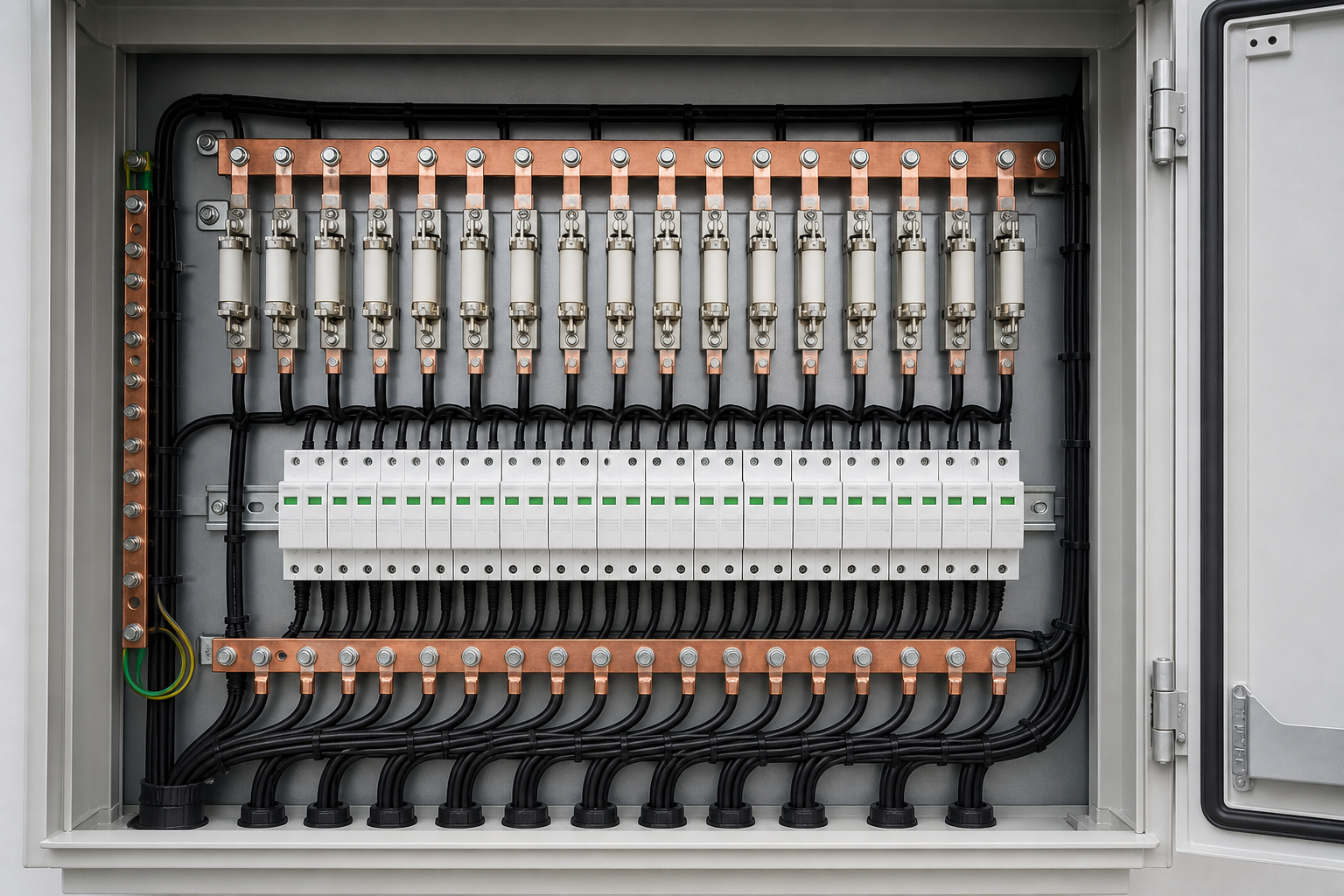 Unbranded 1500V DC combiner cabinet with orderly fuse and busbar arrangement