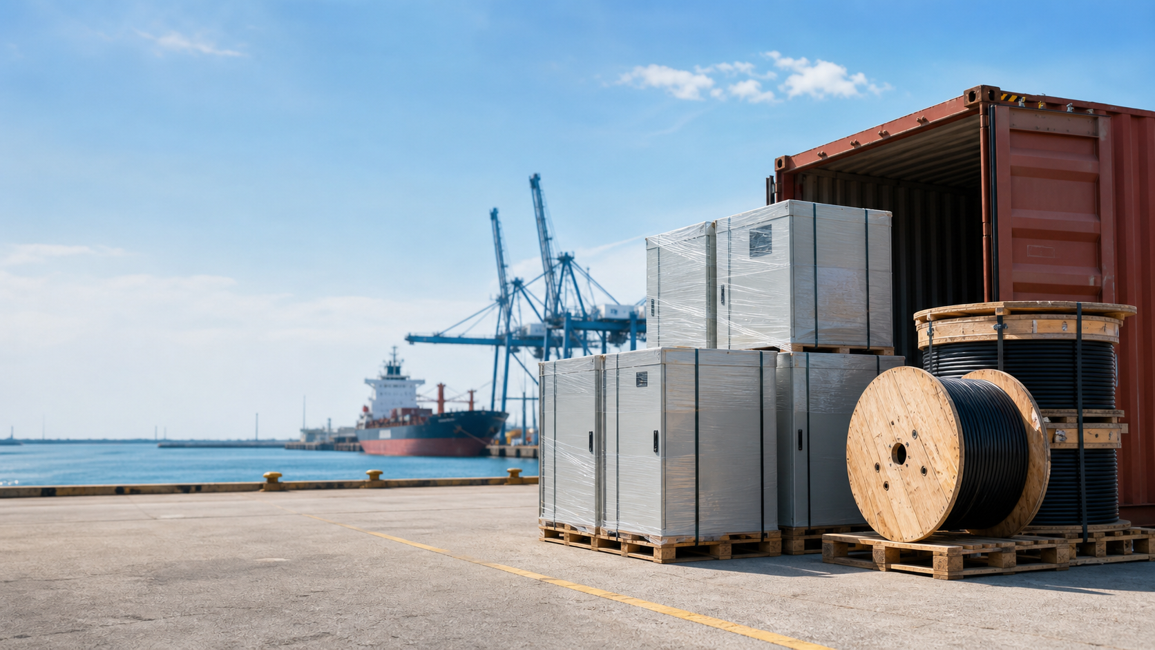Palletised unbranded electrical cabinets and cable drums staged for container shipment