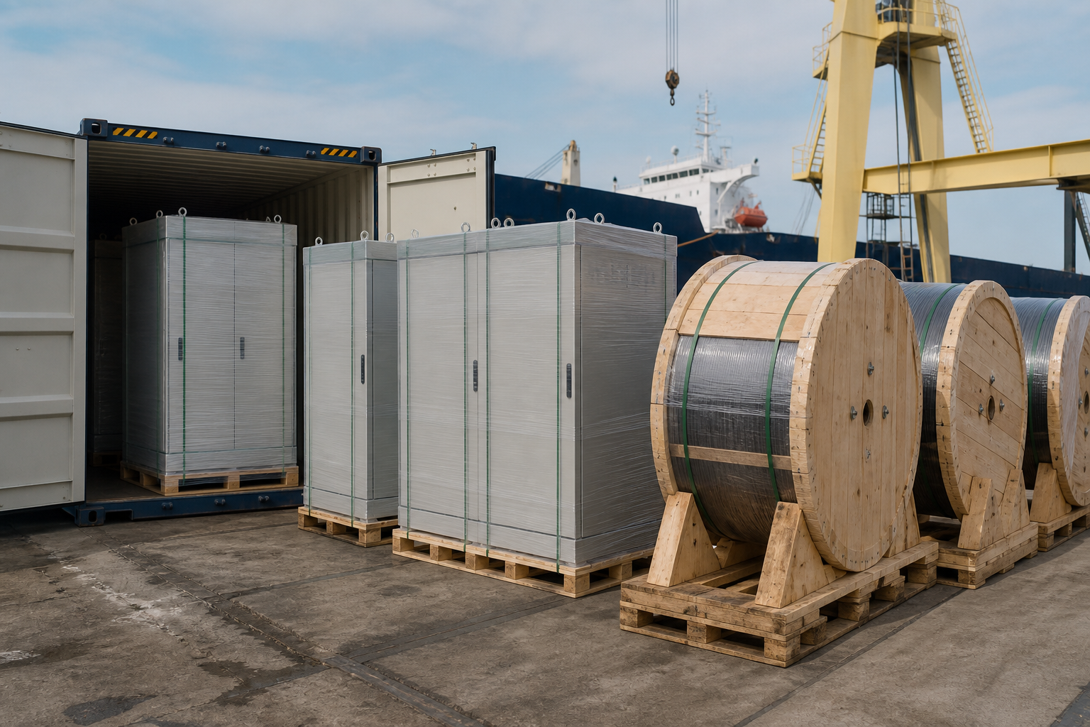 Solar electrical equipment and cable drums staged beside an open shipping container