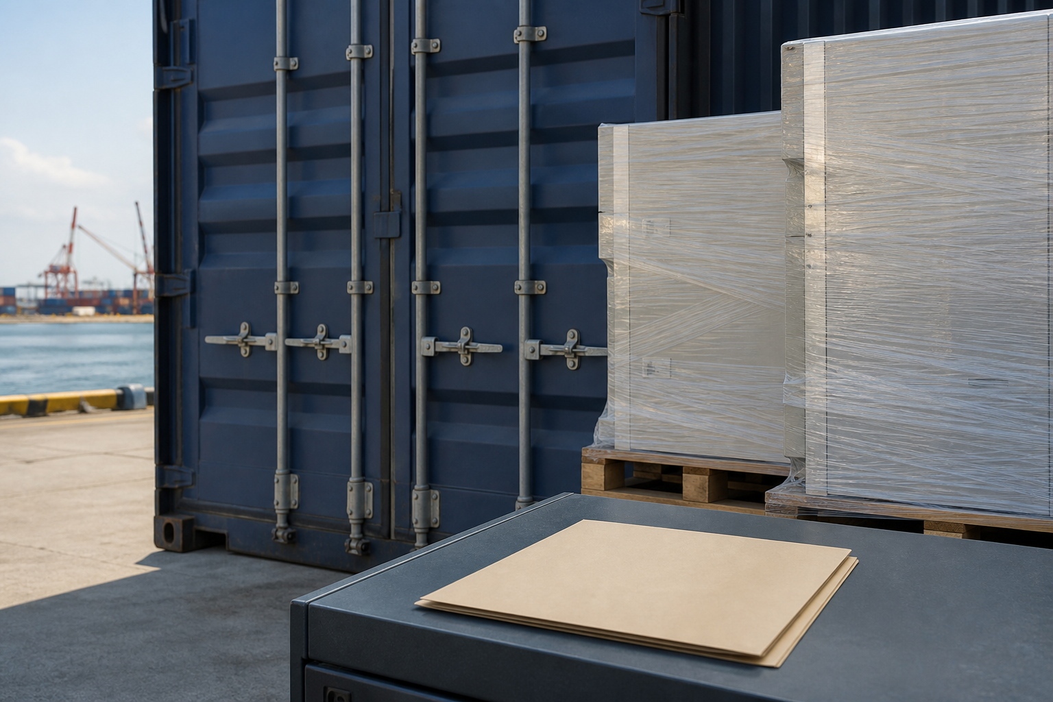 Wrapped unbranded electrical equipment prepared at a shipping container door
