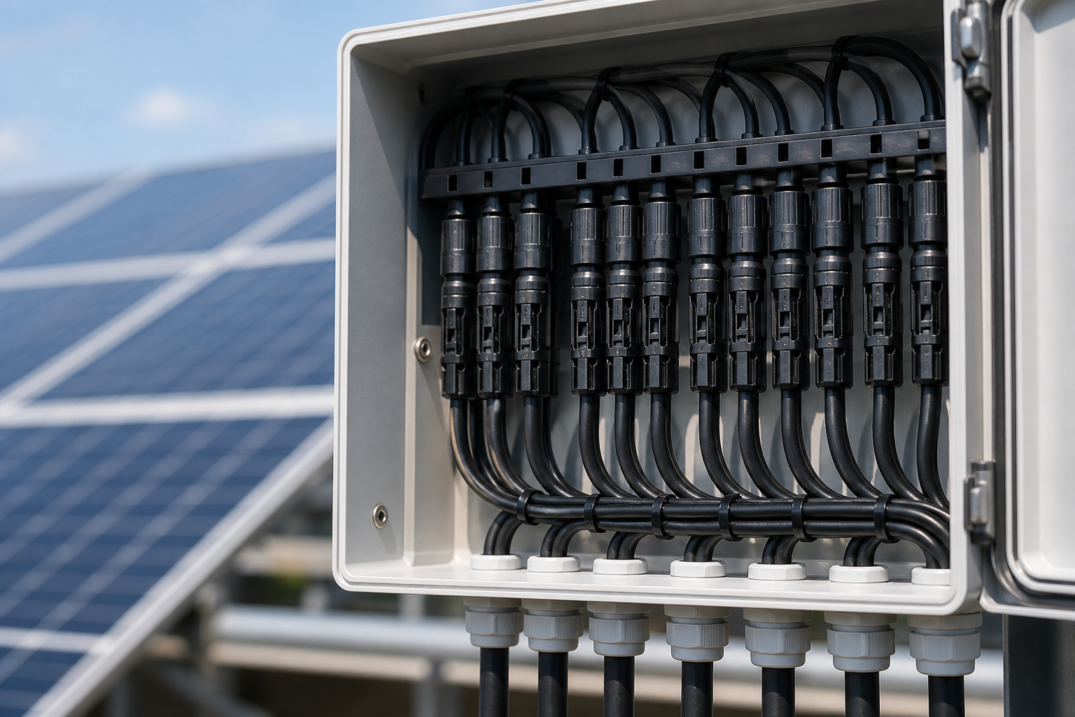 Matched photovoltaic DC connectors routed into an open combiner enclosure