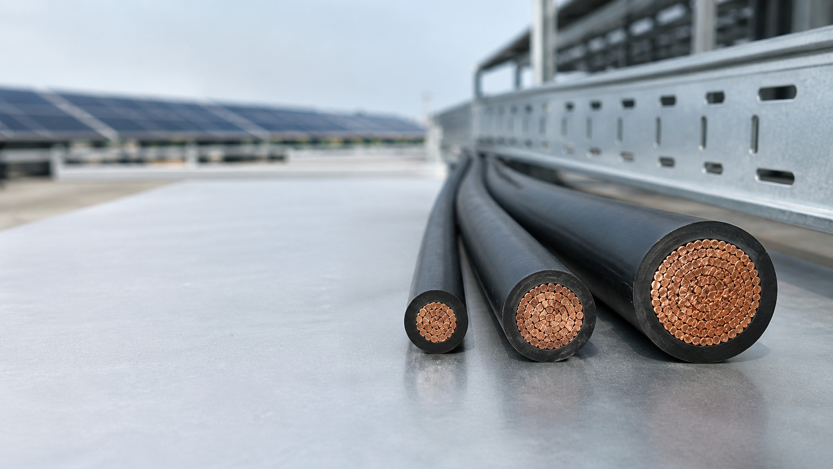 PV DC cable cross-sections arranged beside a solar array and cable tray