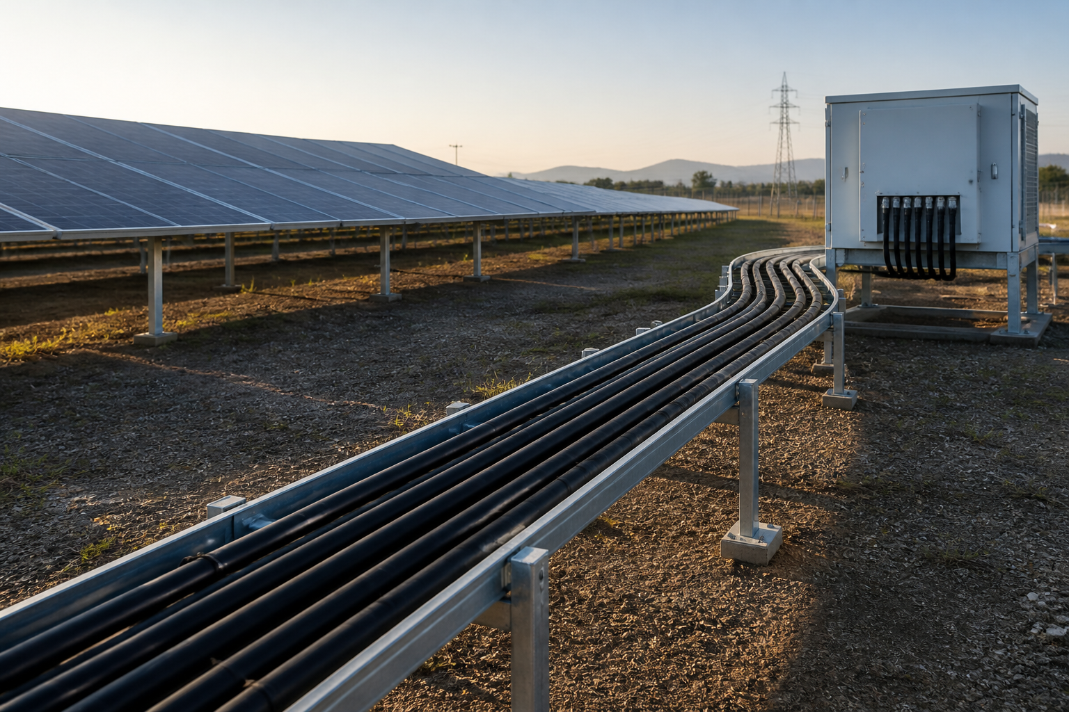 PV DC cable route from a solar array to an outdoor combiner enclosure