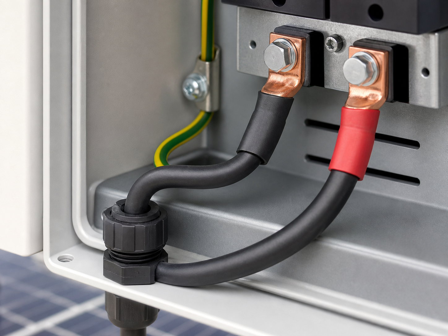 PV DC cable termination and strain relief inside an electrical enclosure