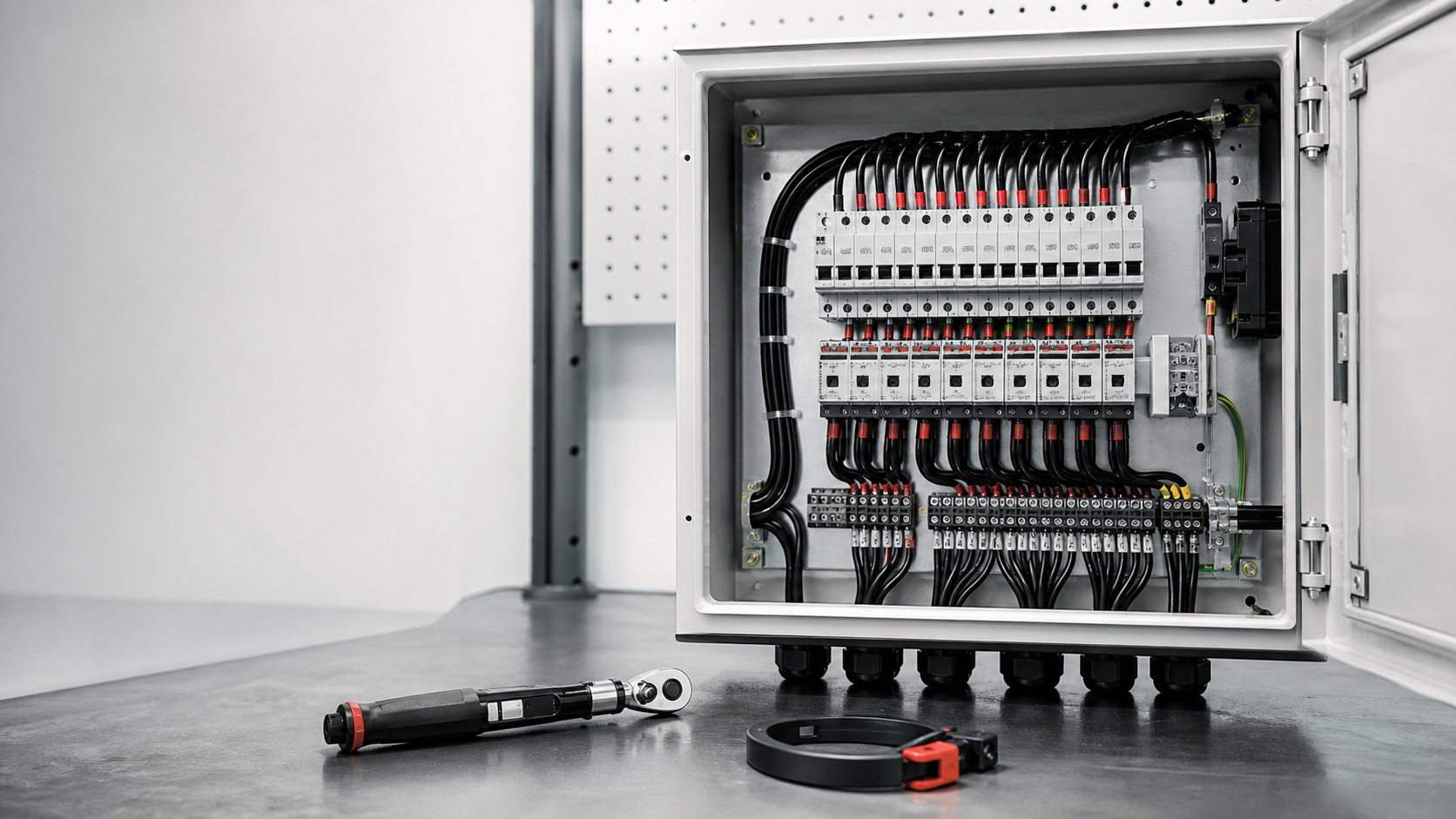 Unbranded PV combiner cabinet prepared for a pre-shipment inspection