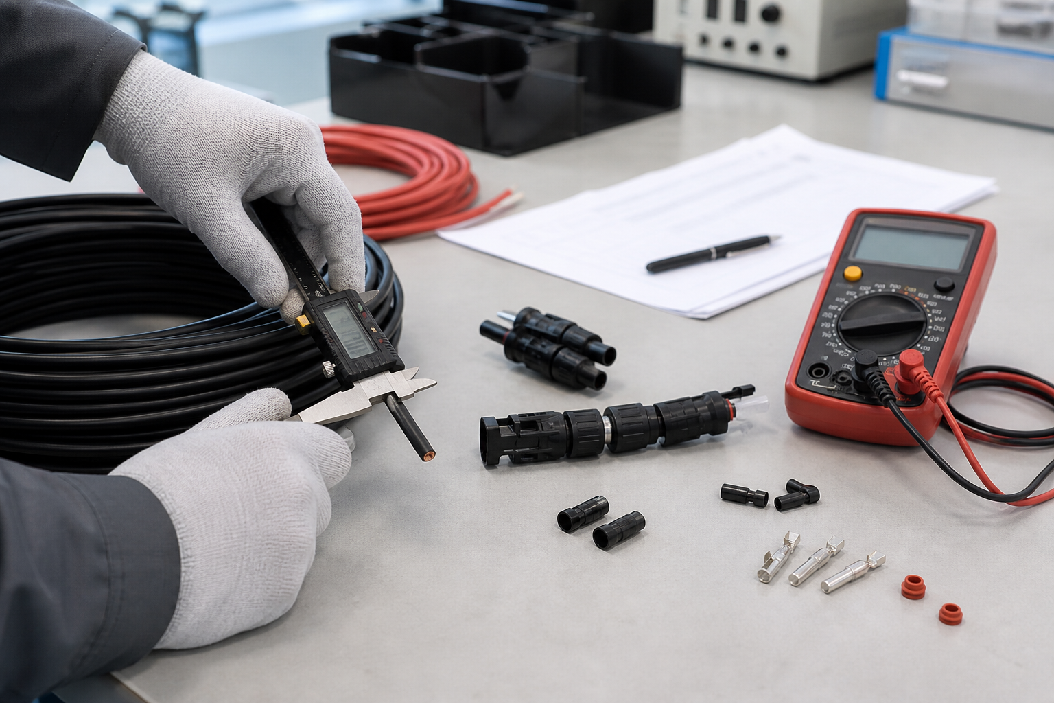 PV cable and connector samples being checked with measuring tools