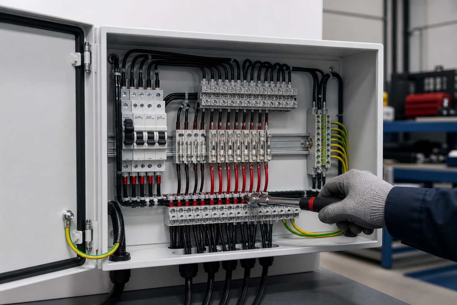 Terminal tightness being checked inside an unbranded PV combiner cabinet