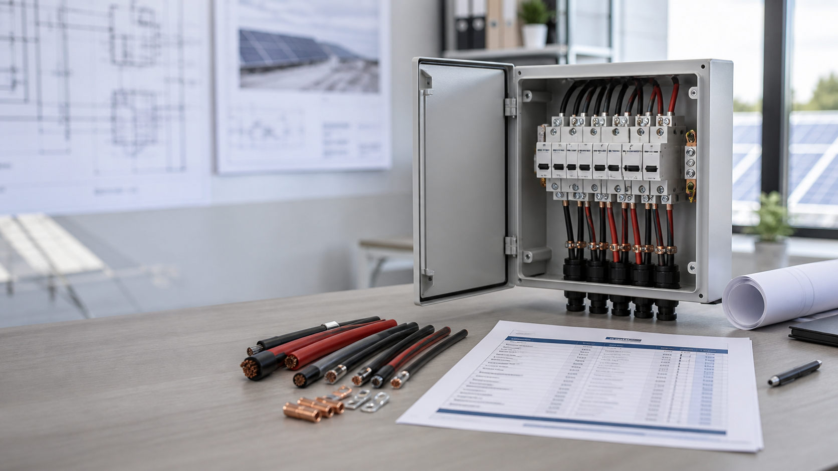 Unbranded solar BOS equipment, cable samples and an RFQ planning sheet on a worktable