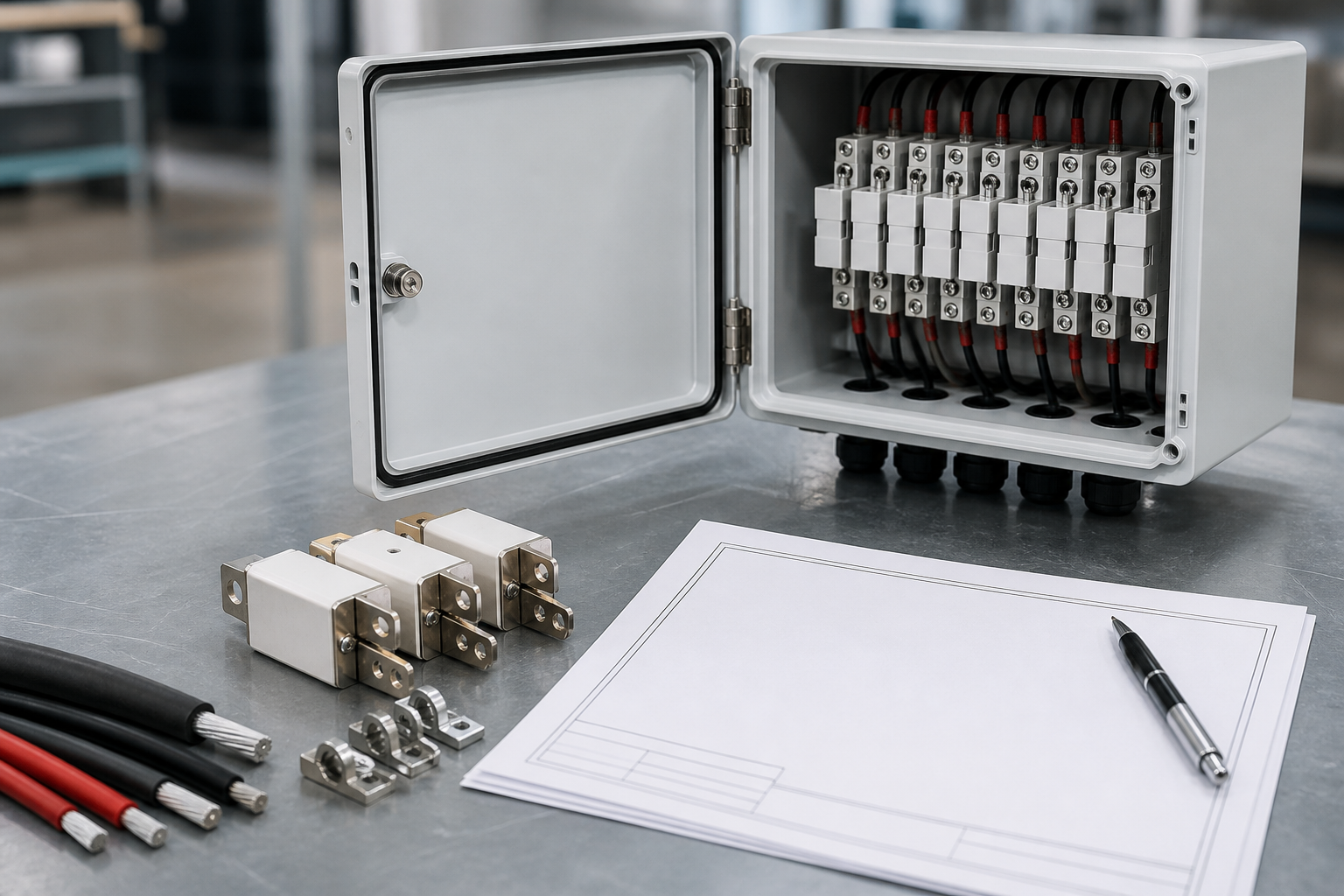 Unbranded PV BOS enclosure and cable samples beside a blank technical planning sheet