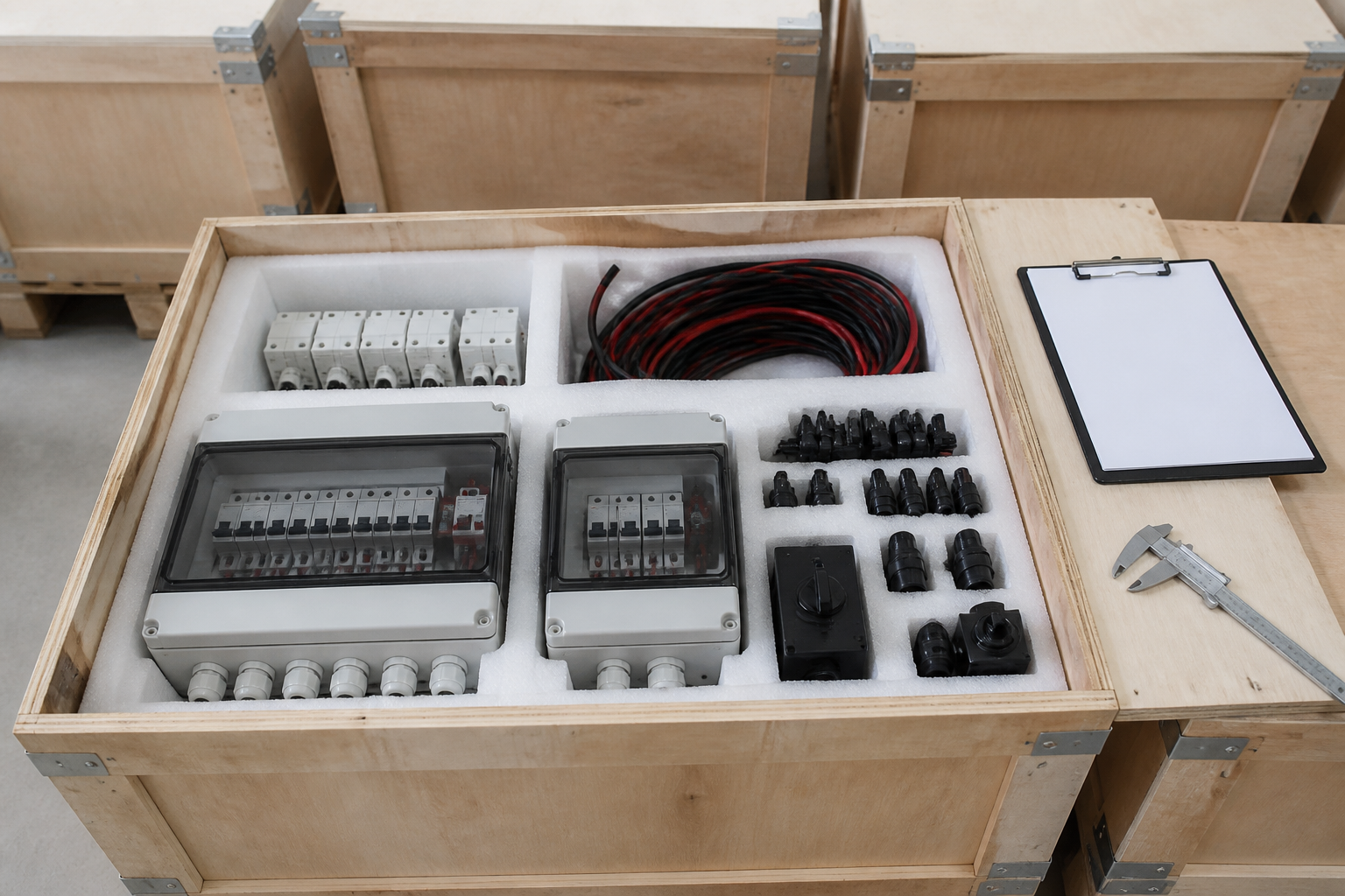 Unbranded solar BOS components packed in a protective crate for shipment