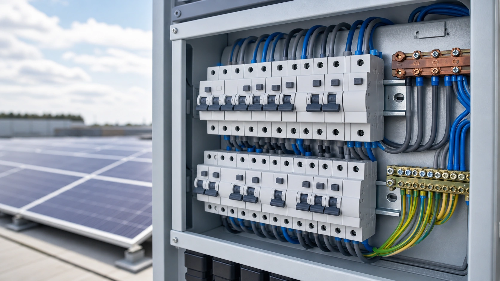 Unbranded distribution board with residual-current breakers and RCBO-style modules