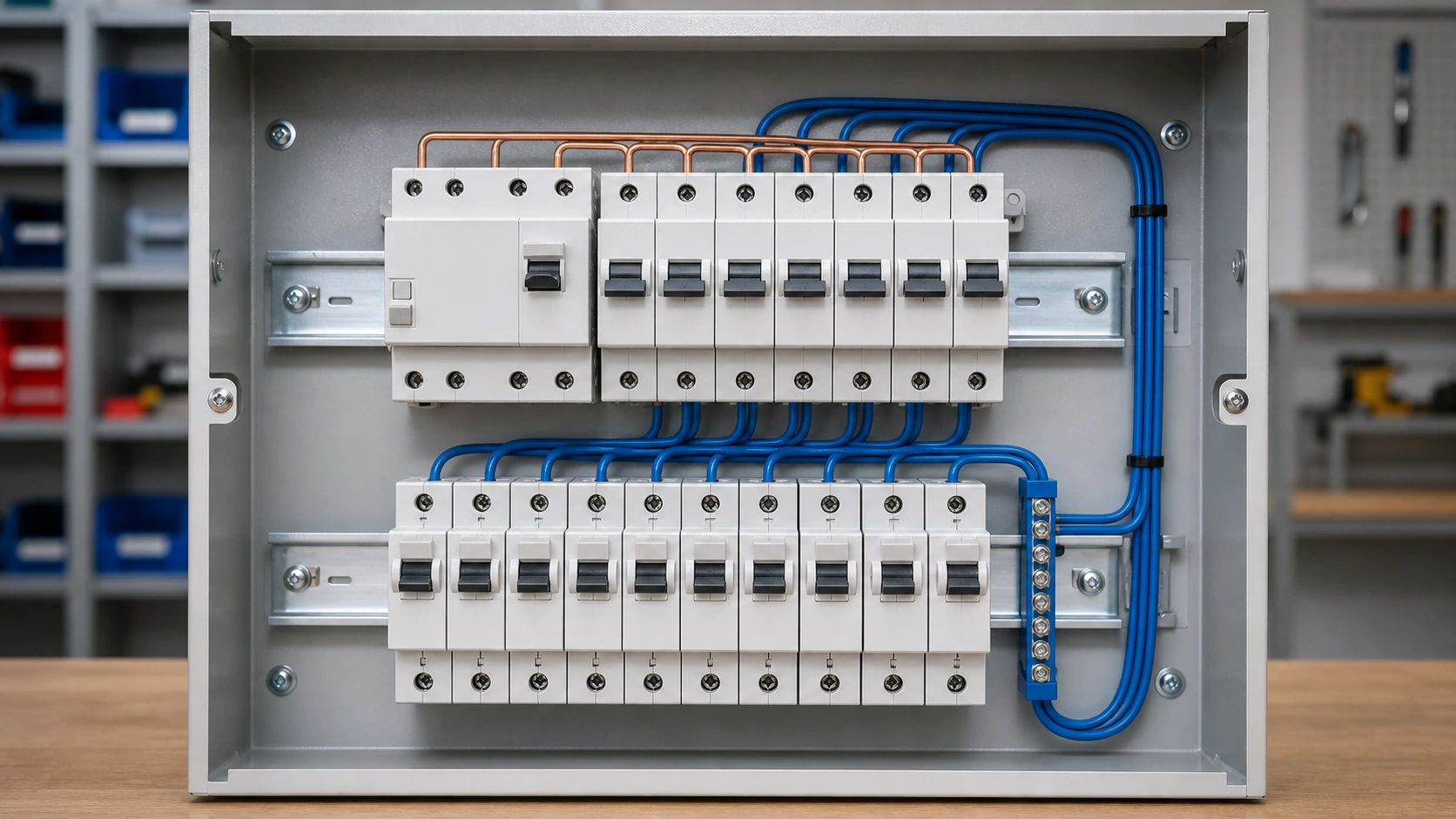Unbranded DIN-rail board showing grouped RCCB and MCB protection beside individual RCBO circuits