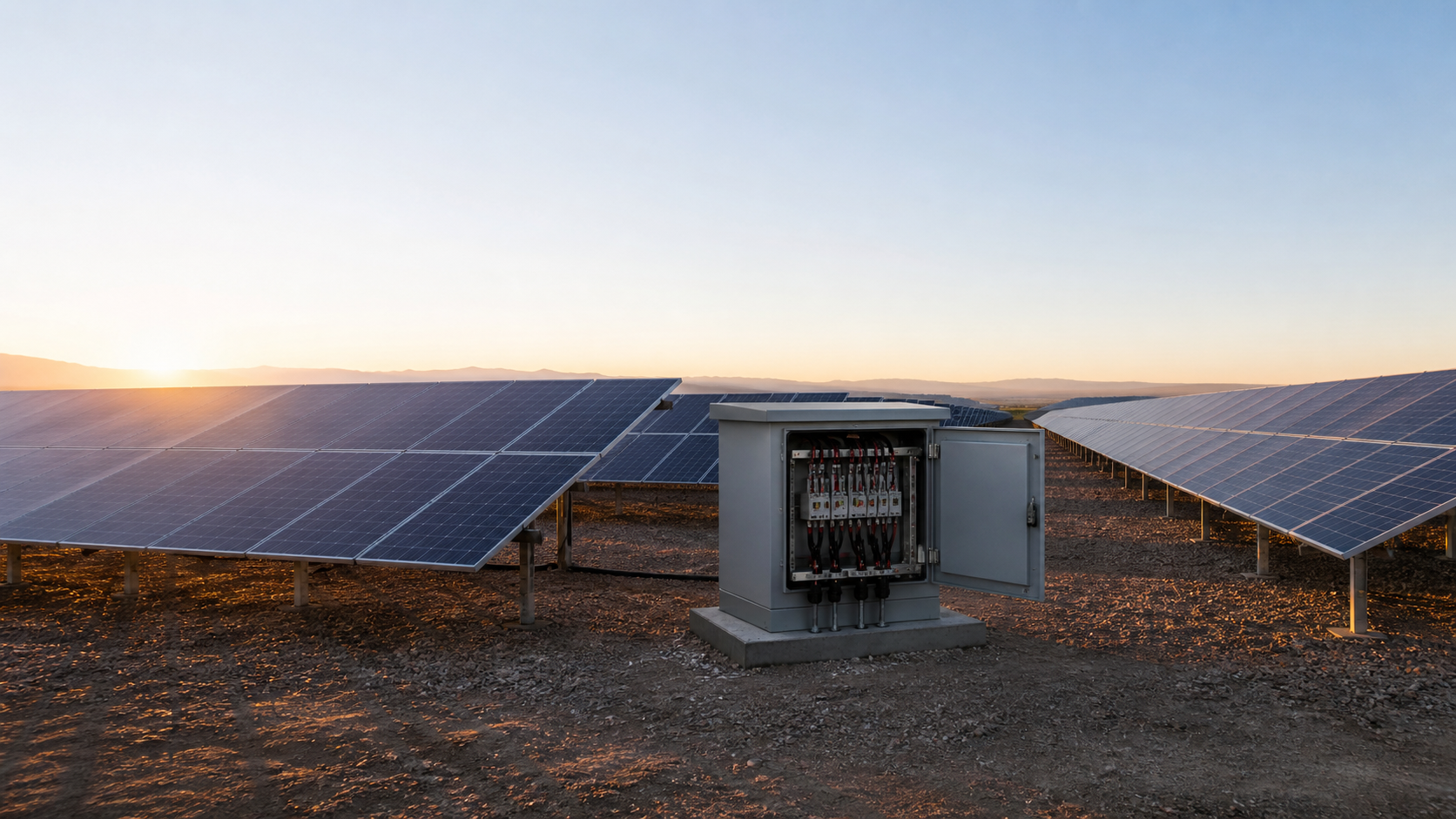 PV modules across a utility-scale array with an unbranded DC combiner enclosure