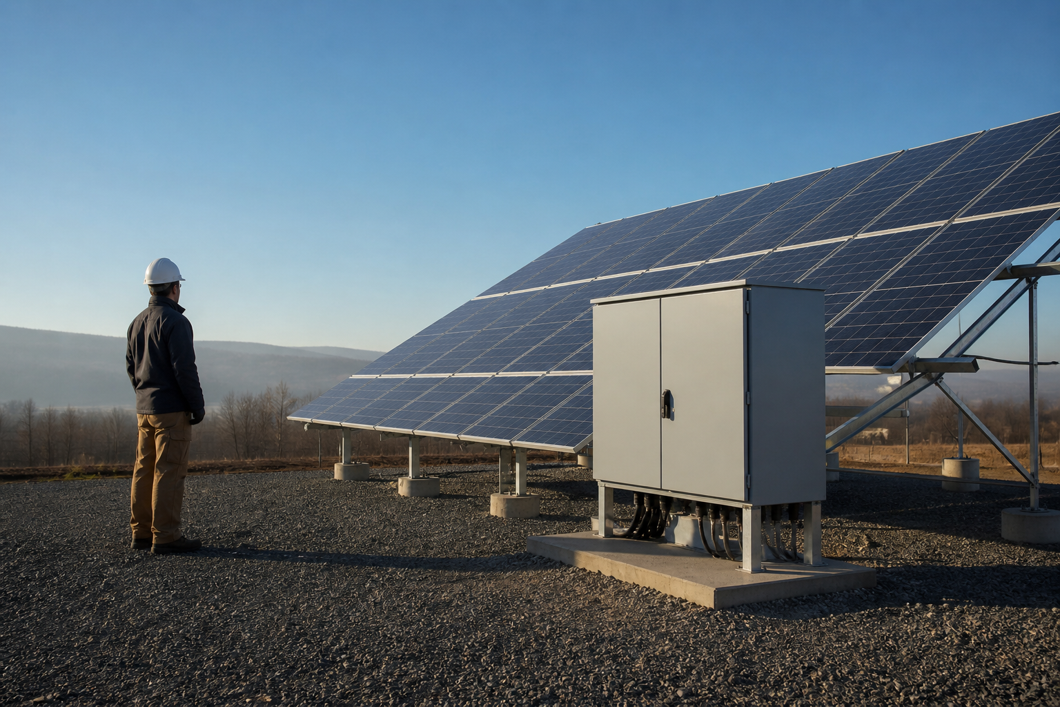 Engineer reviewing PV module electrical data beside solar-array drawings