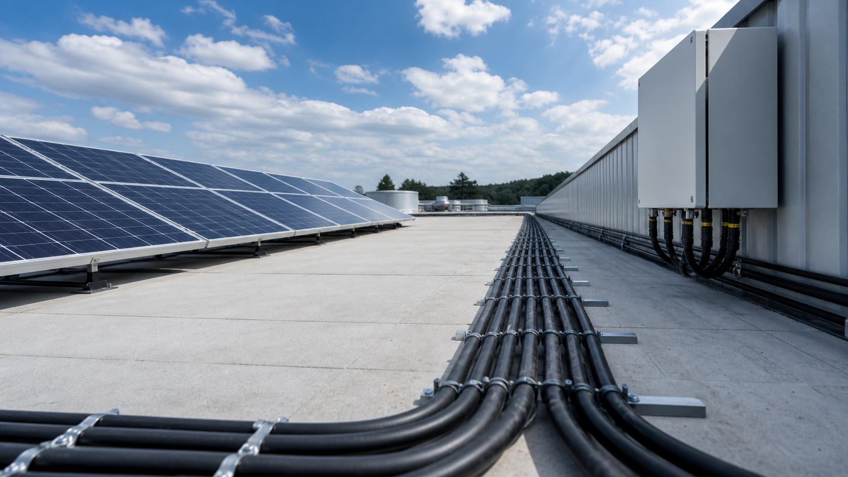 Solar DC cable route between PV array and an unbranded combiner enclosure