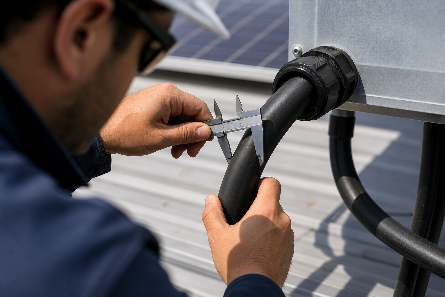 Technician inspecting outdoor-rated solar cable and cable glands on a PV installation
