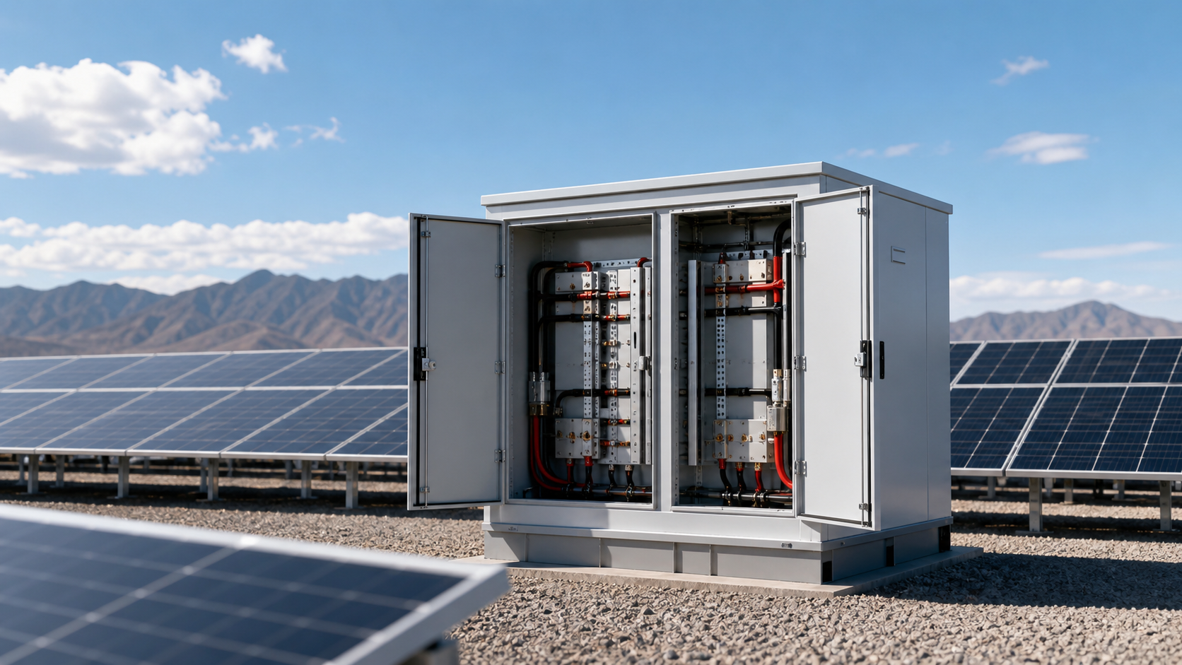 High-voltage PV field with unbranded 1500V DC equipment enclosure