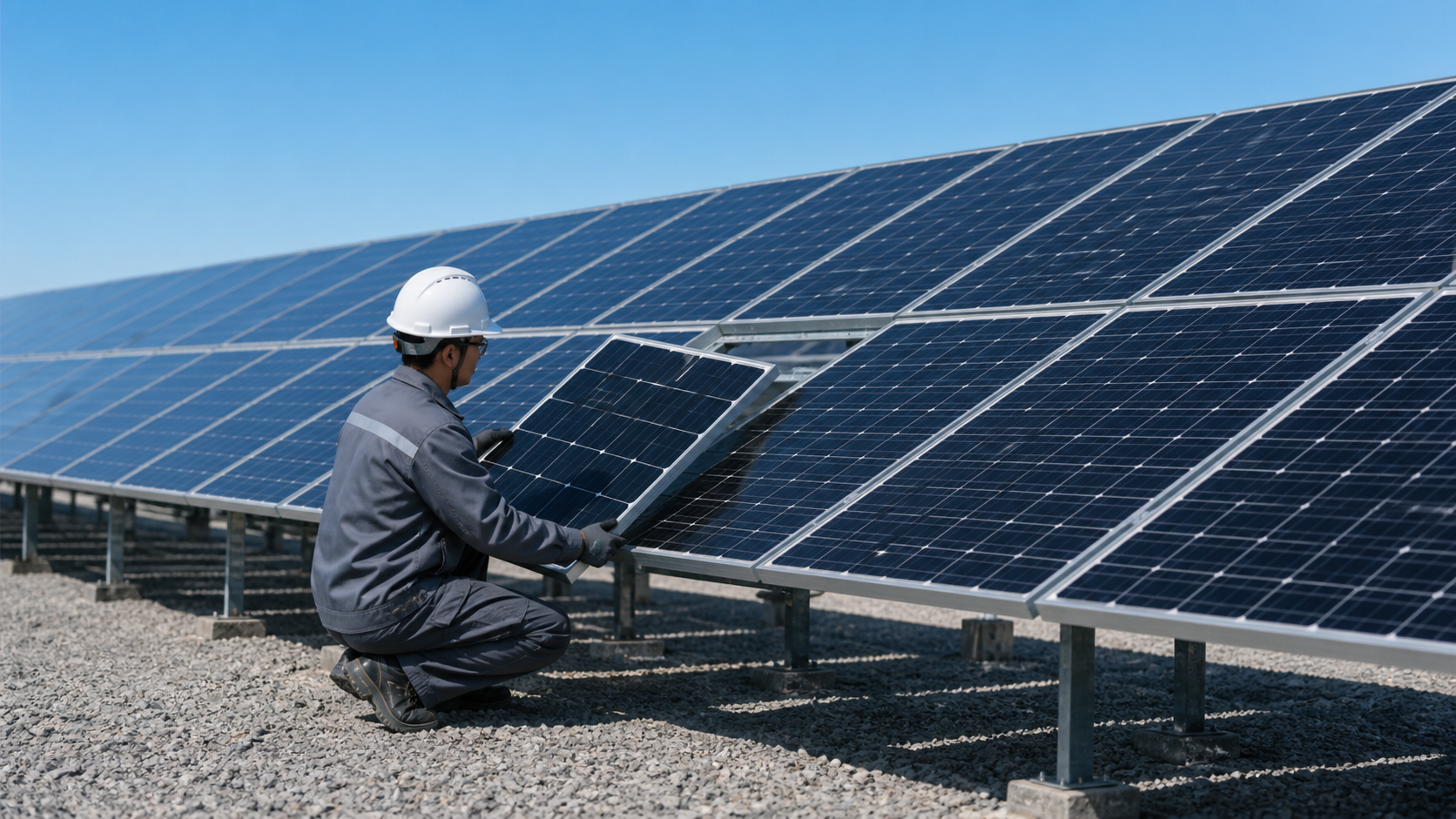 Technician comparing PV modules in an operating solar array