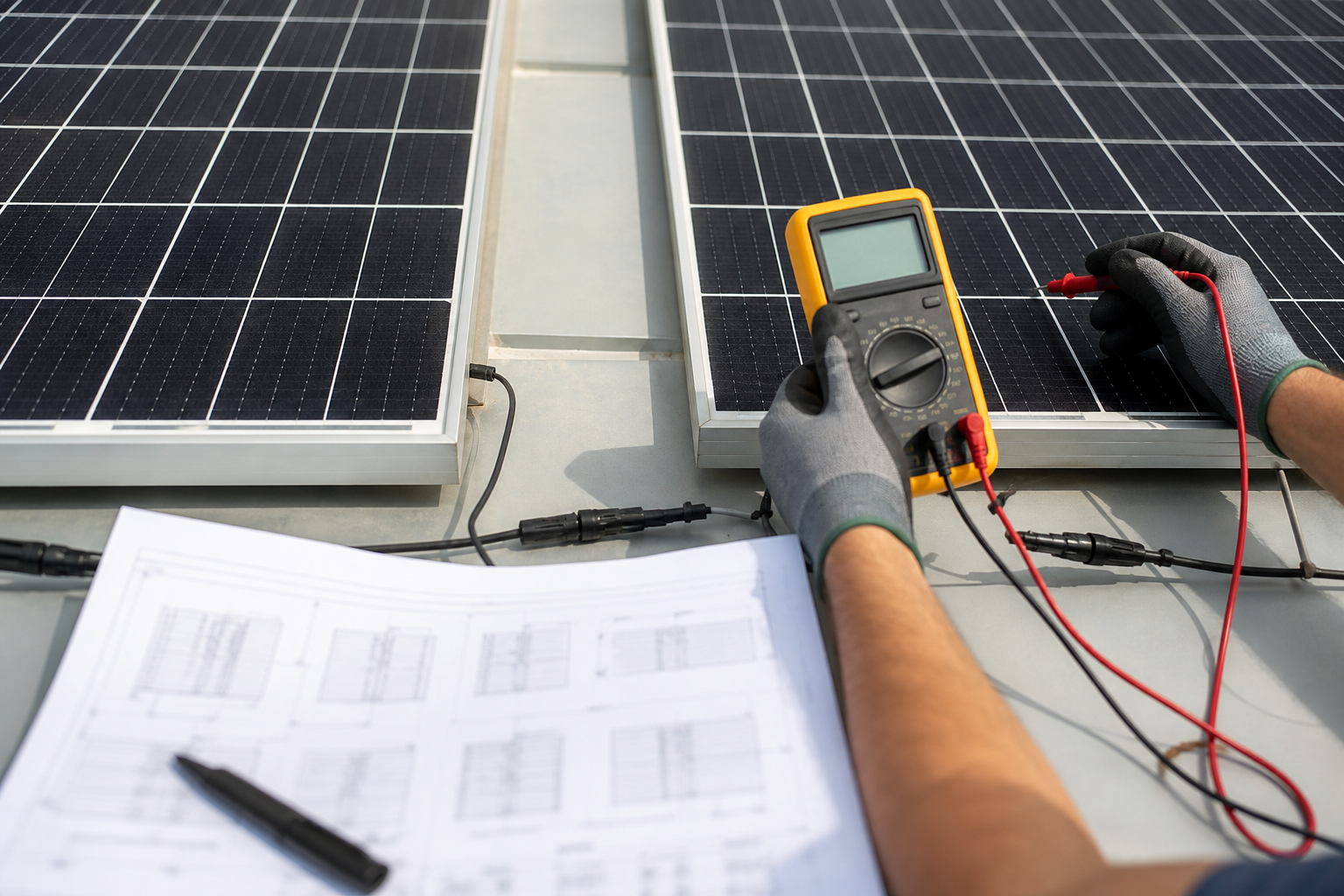 Engineer checking replacement module electrical data next to a string layout drawing