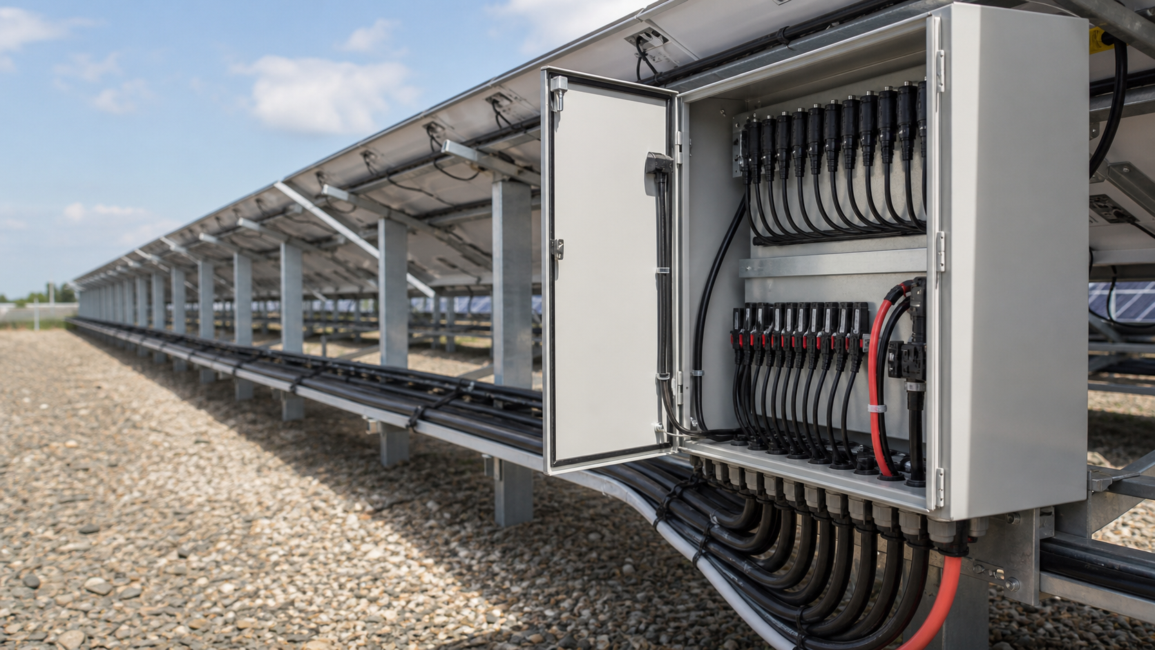 Solar array string routes converging at an unbranded DC combiner enclosure