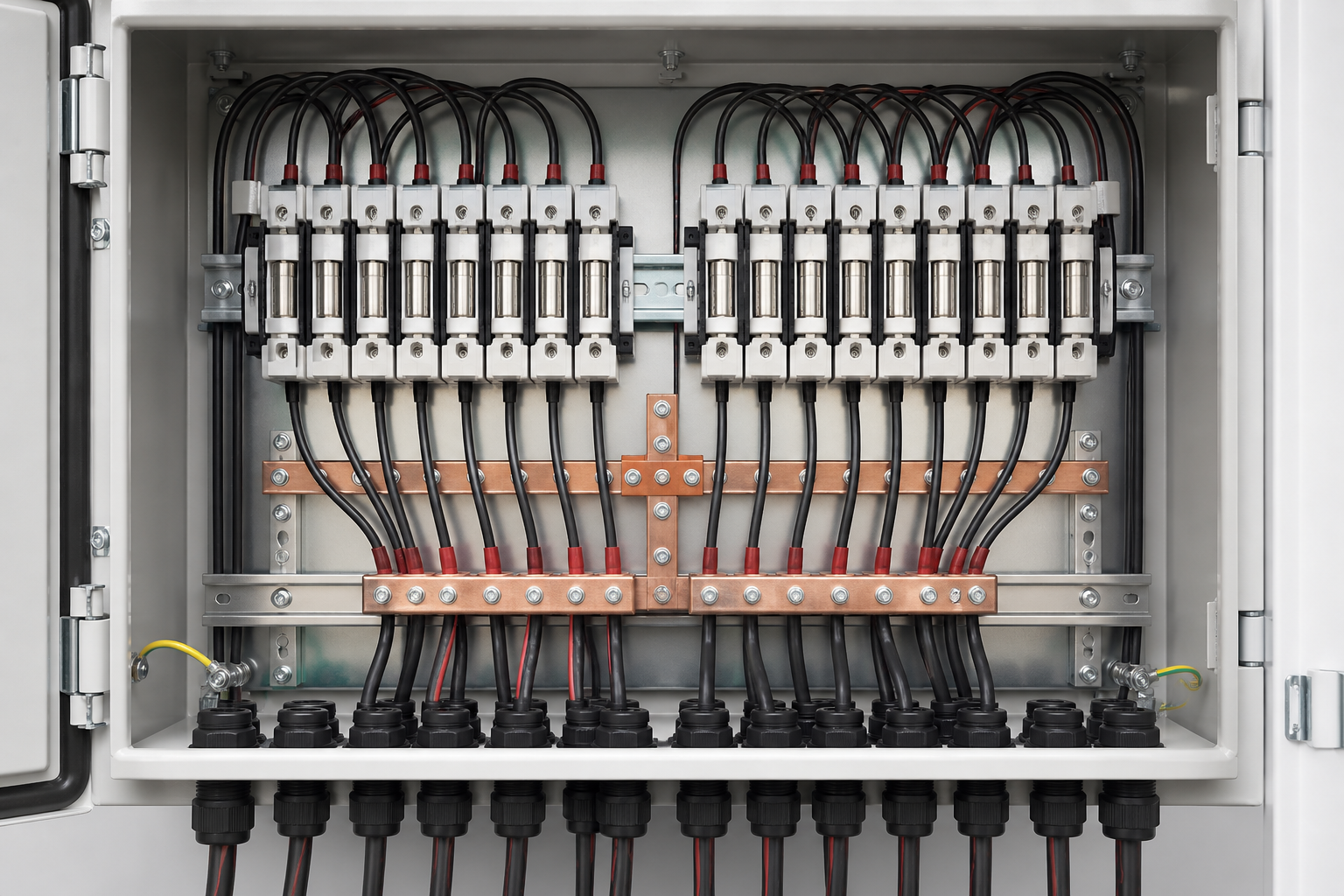 Open unbranded combiner enclosure showing orderly string inputs and busbar layout