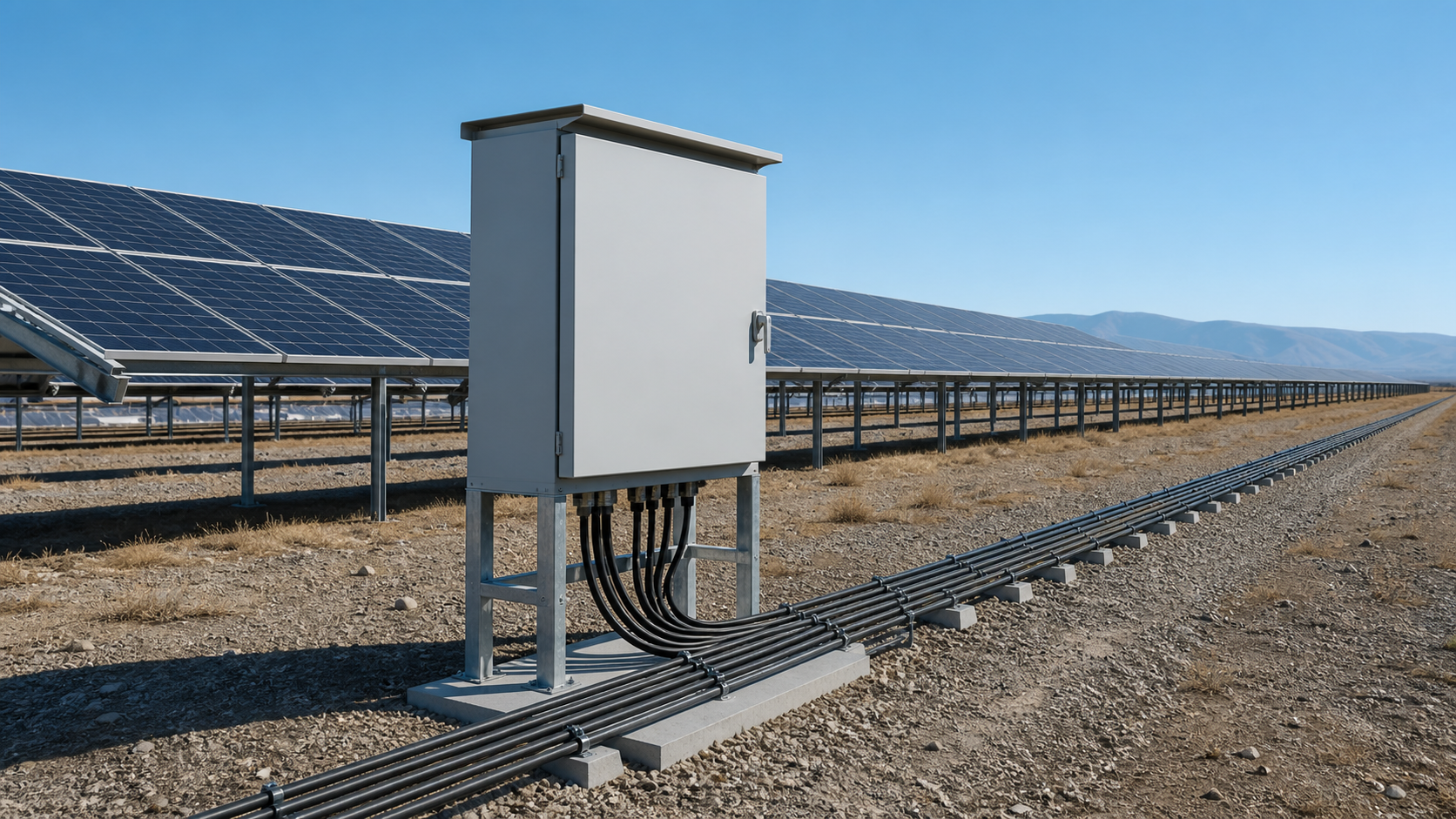Unbranded solar combiner enclosure serving a photovoltaic array